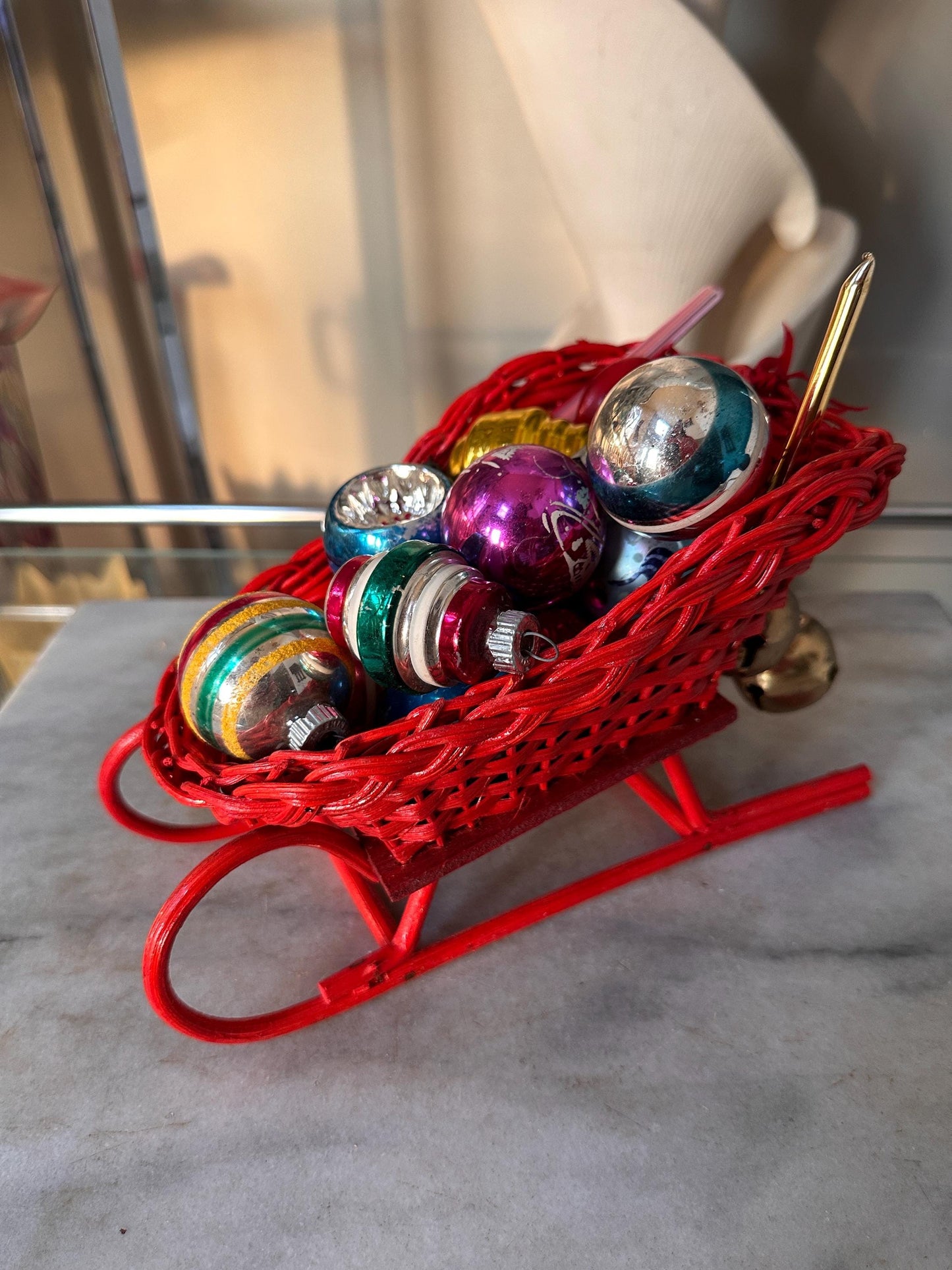 Vintage Red Wicker Santa Sleigh Basket with 15 Mercury Glass Christmas Ornaments | Shiny Brite, Atomic, Stenciled & West German Fruit