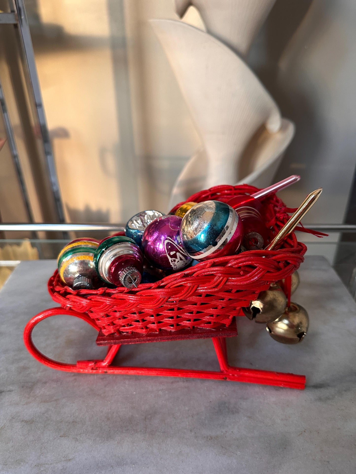 Vintage Red Wicker Santa Sleigh Basket with 15 Mercury Glass Christmas Ornaments | Shiny Brite, Atomic, Stenciled & West German Fruit