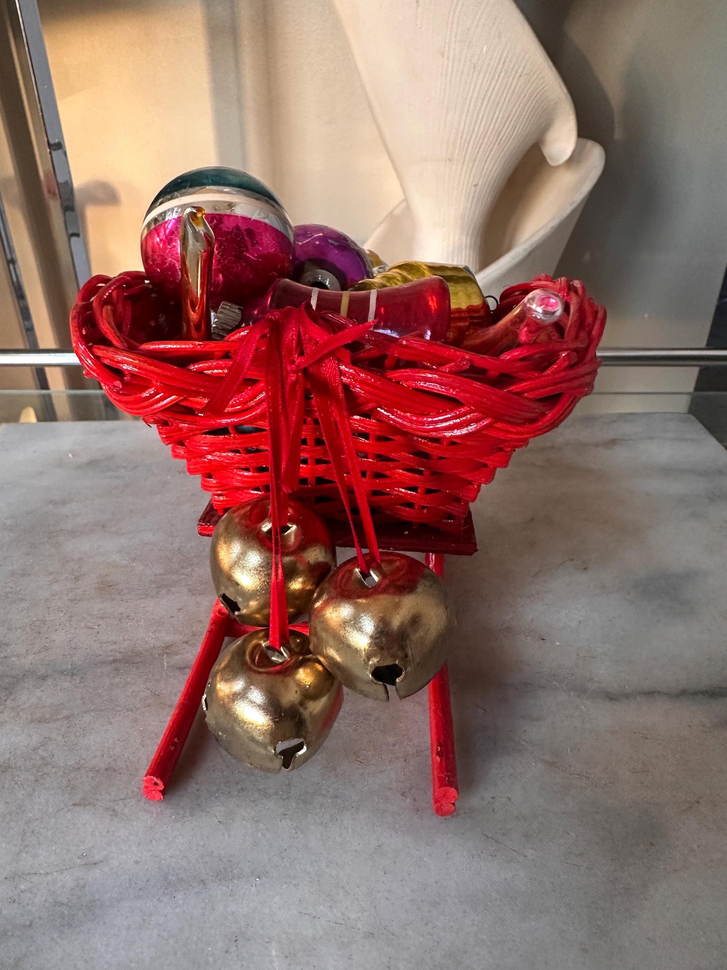 Vintage Red Wicker Santa Sleigh Basket with 15 Mercury Glass Christmas Ornaments | Shiny Brite, Atomic, Stenciled & West German Fruit