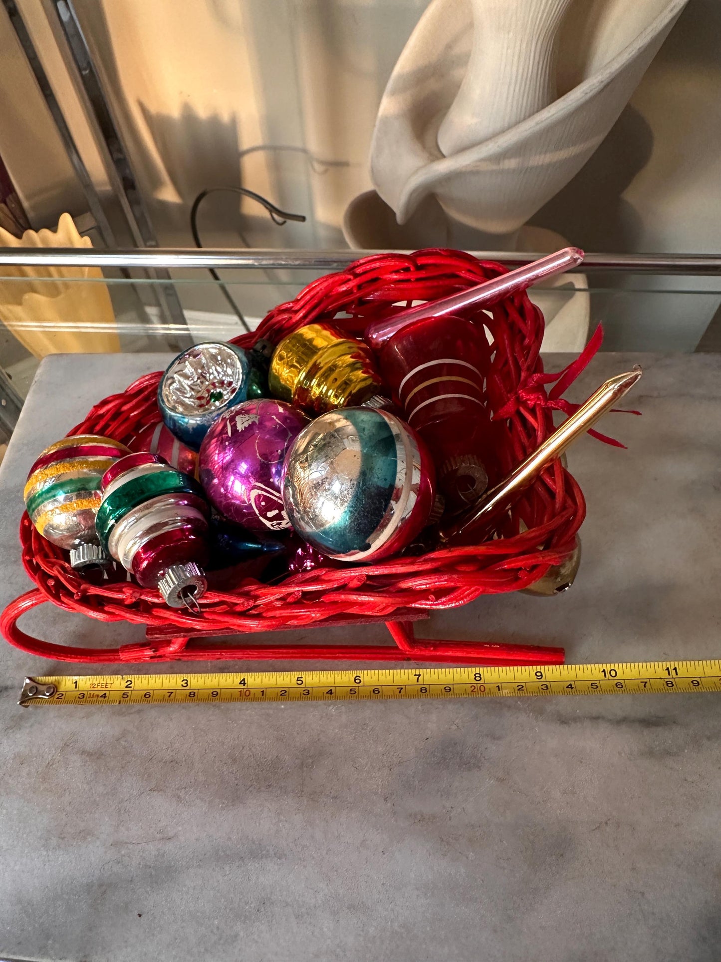 Vintage Red Wicker Santa Sleigh Basket with 15 Mercury Glass Christmas Ornaments | Shiny Brite, Atomic, Stenciled & West German Fruit