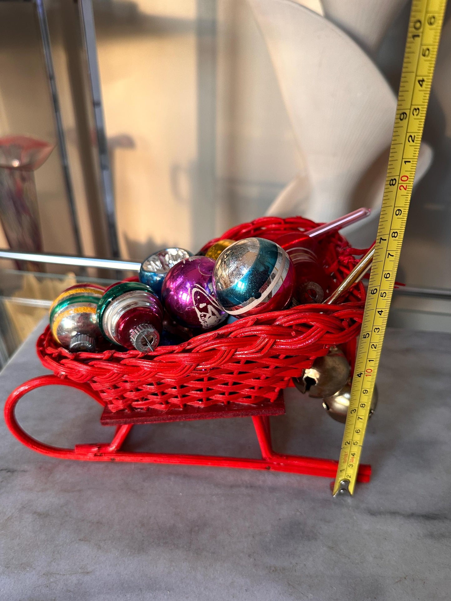 Vintage Red Wicker Santa Sleigh Basket with 15 Mercury Glass Christmas Ornaments | Shiny Brite, Atomic, Stenciled & West German Fruit