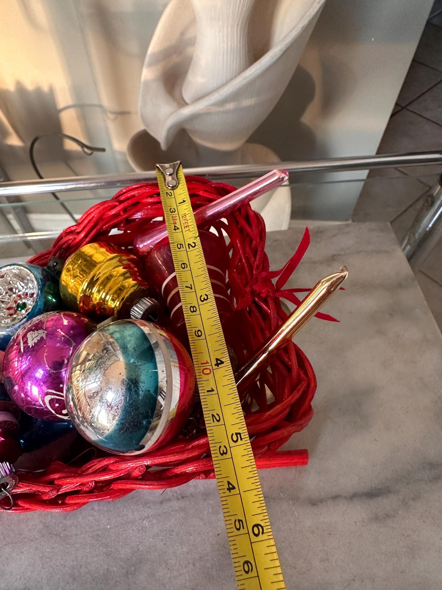 Vintage Red Wicker Santa Sleigh Basket with 15 Mercury Glass Christmas Ornaments | Shiny Brite, Atomic, Stenciled & West German Fruit