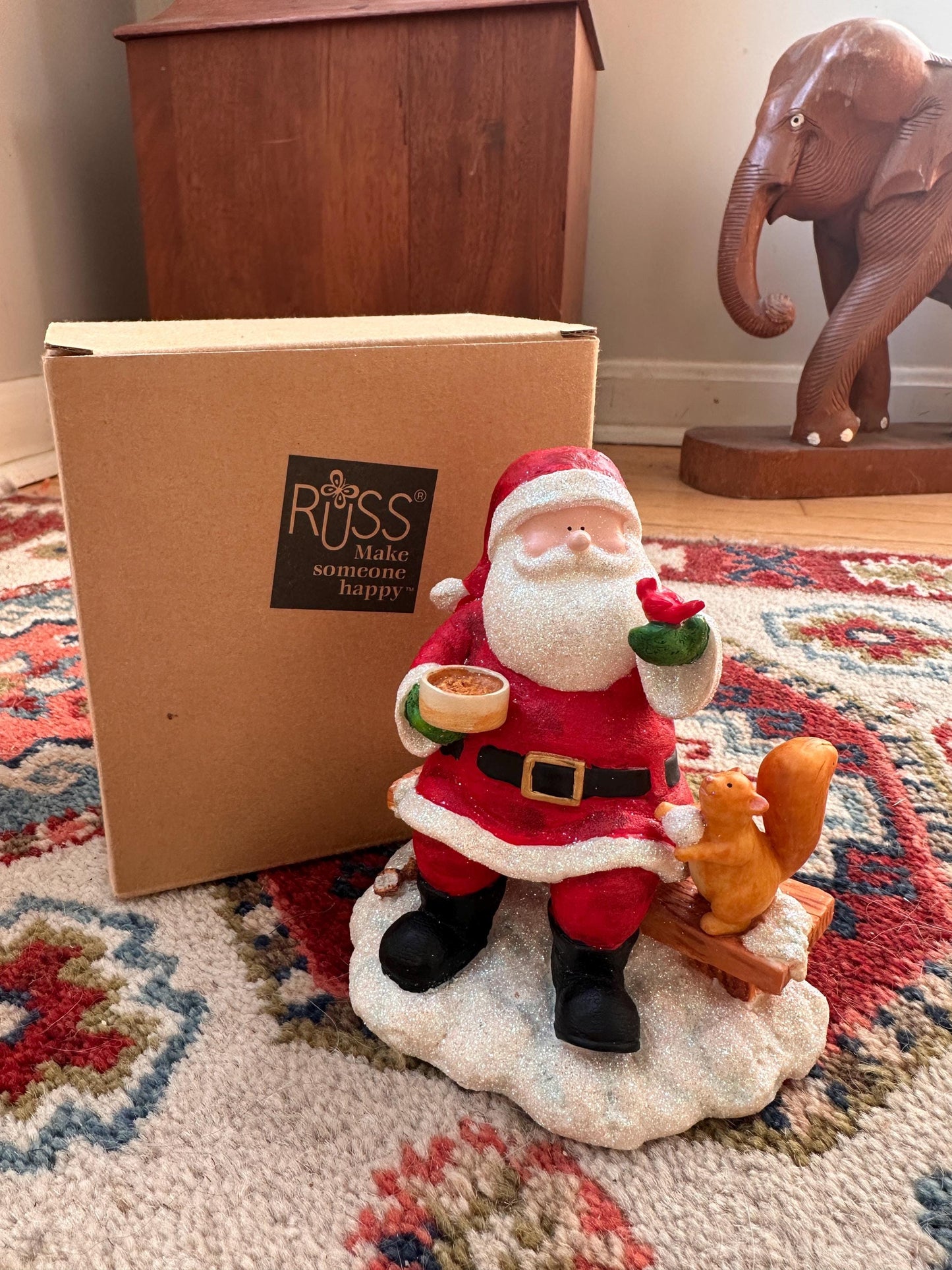 Vintage Russ Berrie Santa’s Village “Taking the Chill Off Figurine w Original Box,  Santa +  Squirrel,  Resin Collectible | Holiday