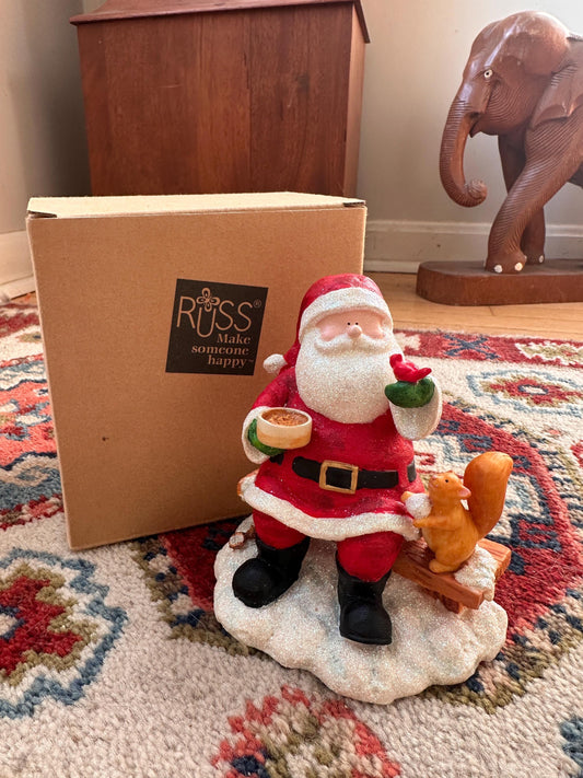 Vintage Russ Berrie Santa’s Village “Taking the Chill Off Figurine w Original Box,  Santa +  Squirrel,  Resin Collectible | Holiday