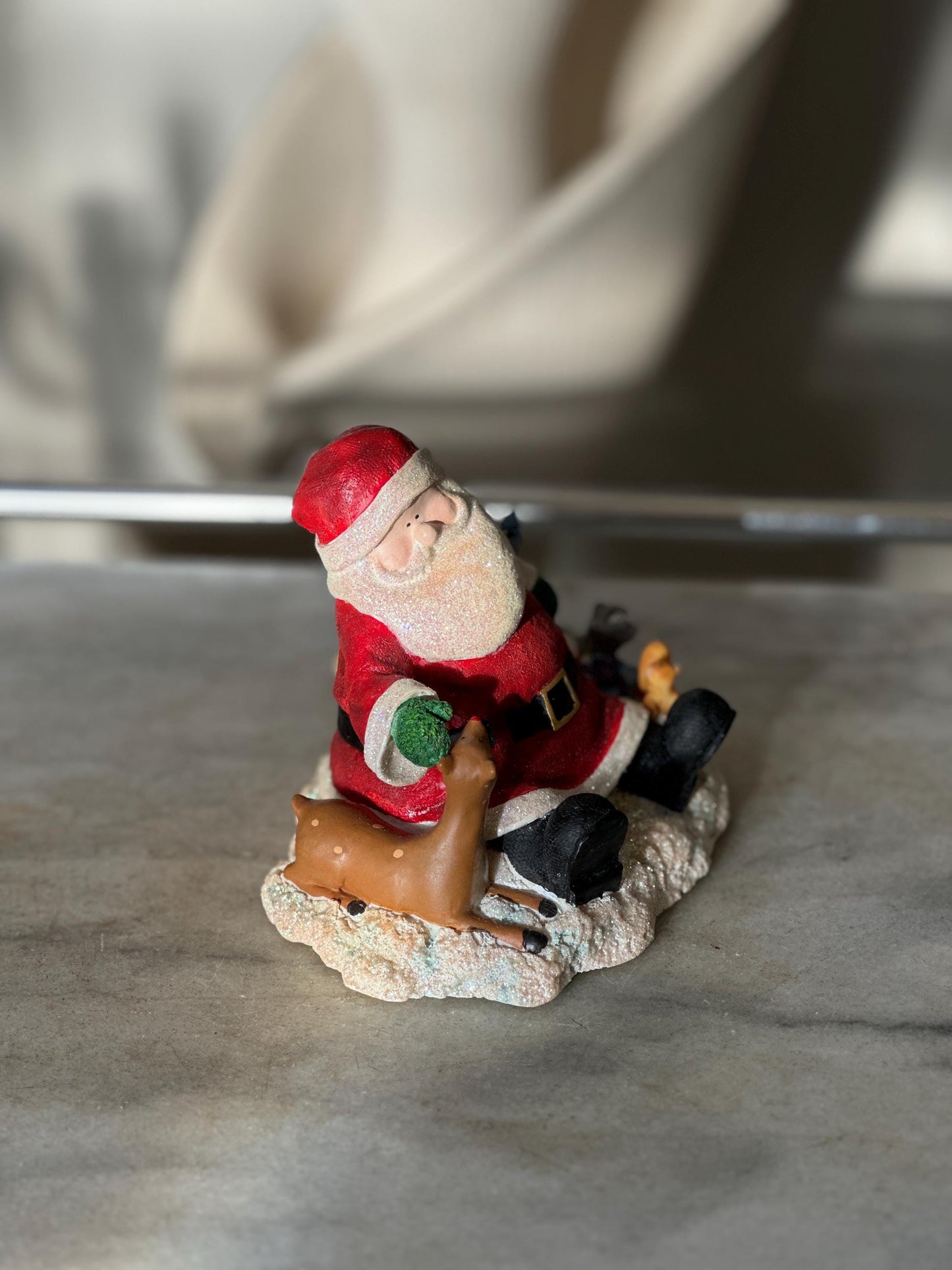 Vintage Russ Berrie Santa’s Village “Comfy Cozy Are We” Figurine with Original Box | Santa + Reindeer Christmas Resin Collectible | Holiday