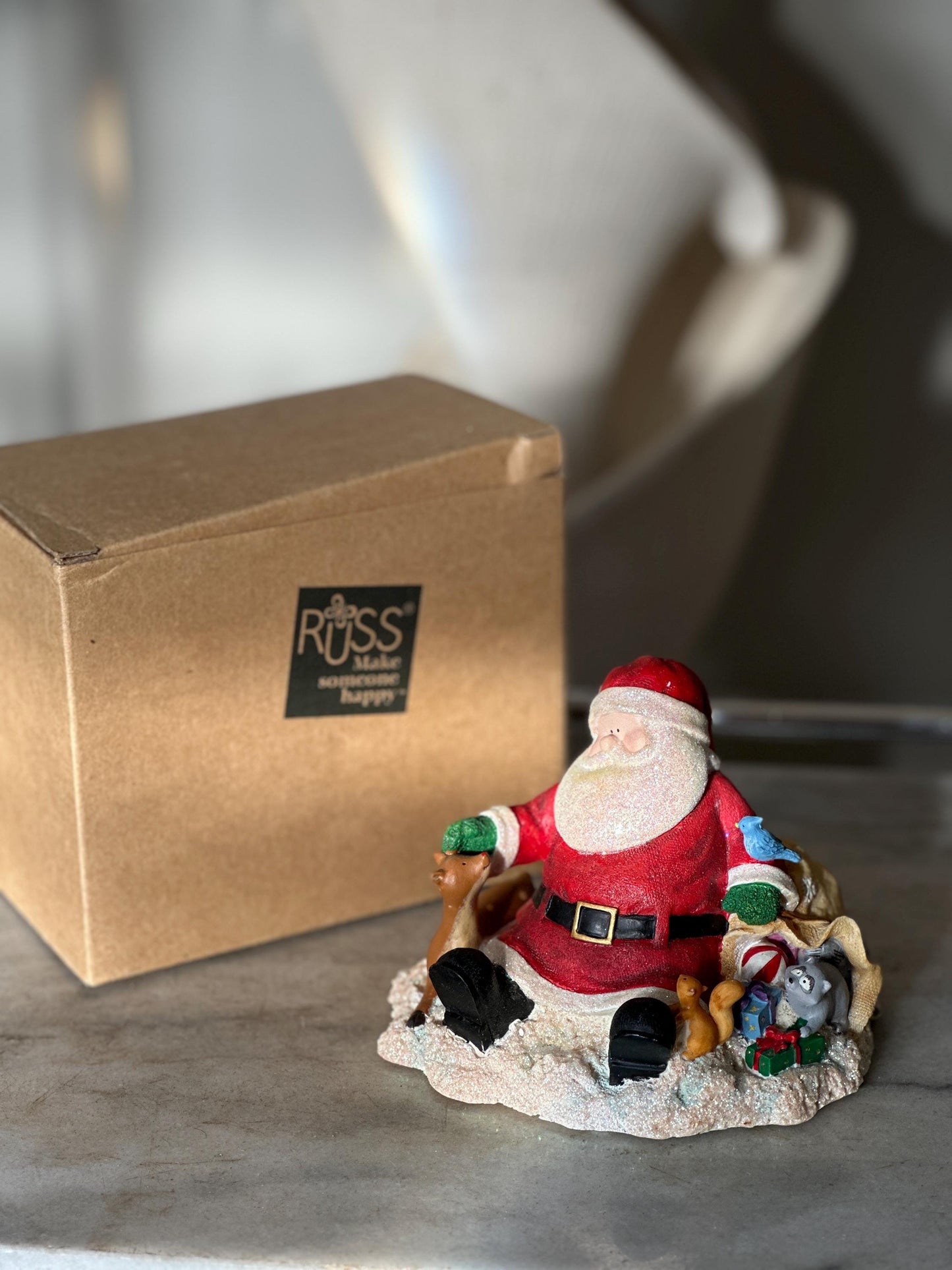 Vintage Russ Berrie Santa’s Village “Comfy Cozy Are We” Figurine with Original Box | Santa + Reindeer Christmas Resin Collectible | Holiday
