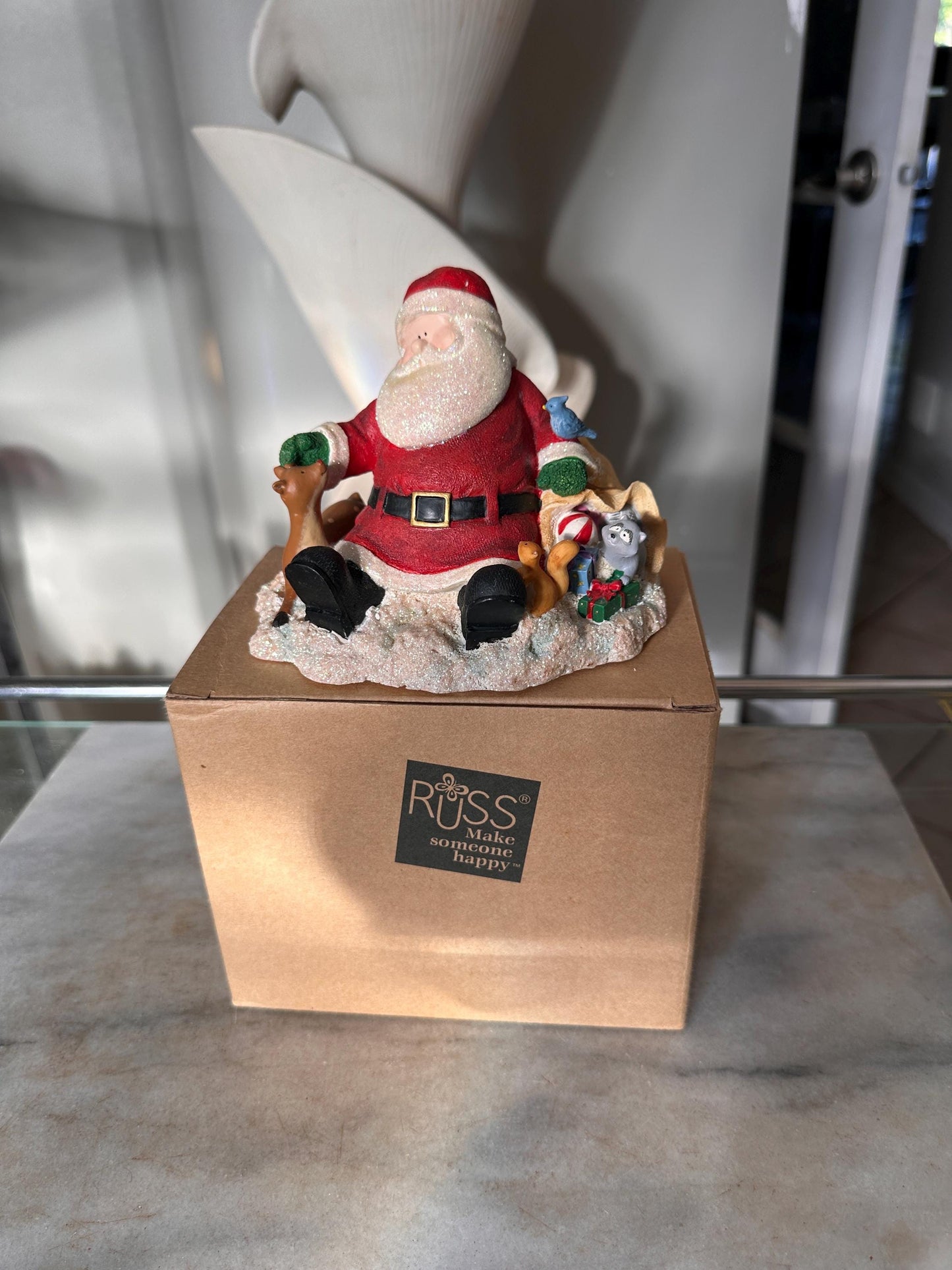 Vintage Russ Berrie Santa’s Village “Comfy Cozy Are We” Figurine with Original Box | Santa + Reindeer Christmas Resin Collectible | Holiday