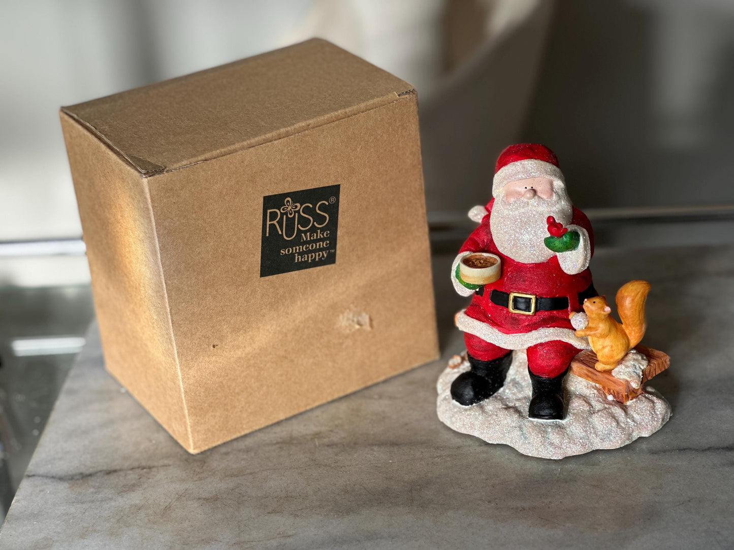 Vintage Russ Berrie Santa’s Village “Taking the Chill Off Figurine w Original Box,  Santa +  Squirrel,  Resin Collectible | Holiday