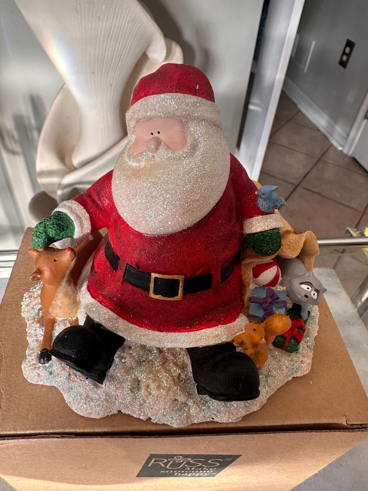 Vintage Russ Berrie Santa’s Village “Comfy Cozy Are We” Figurine with Original Box | Santa + Reindeer Christmas Resin Collectible | Holiday