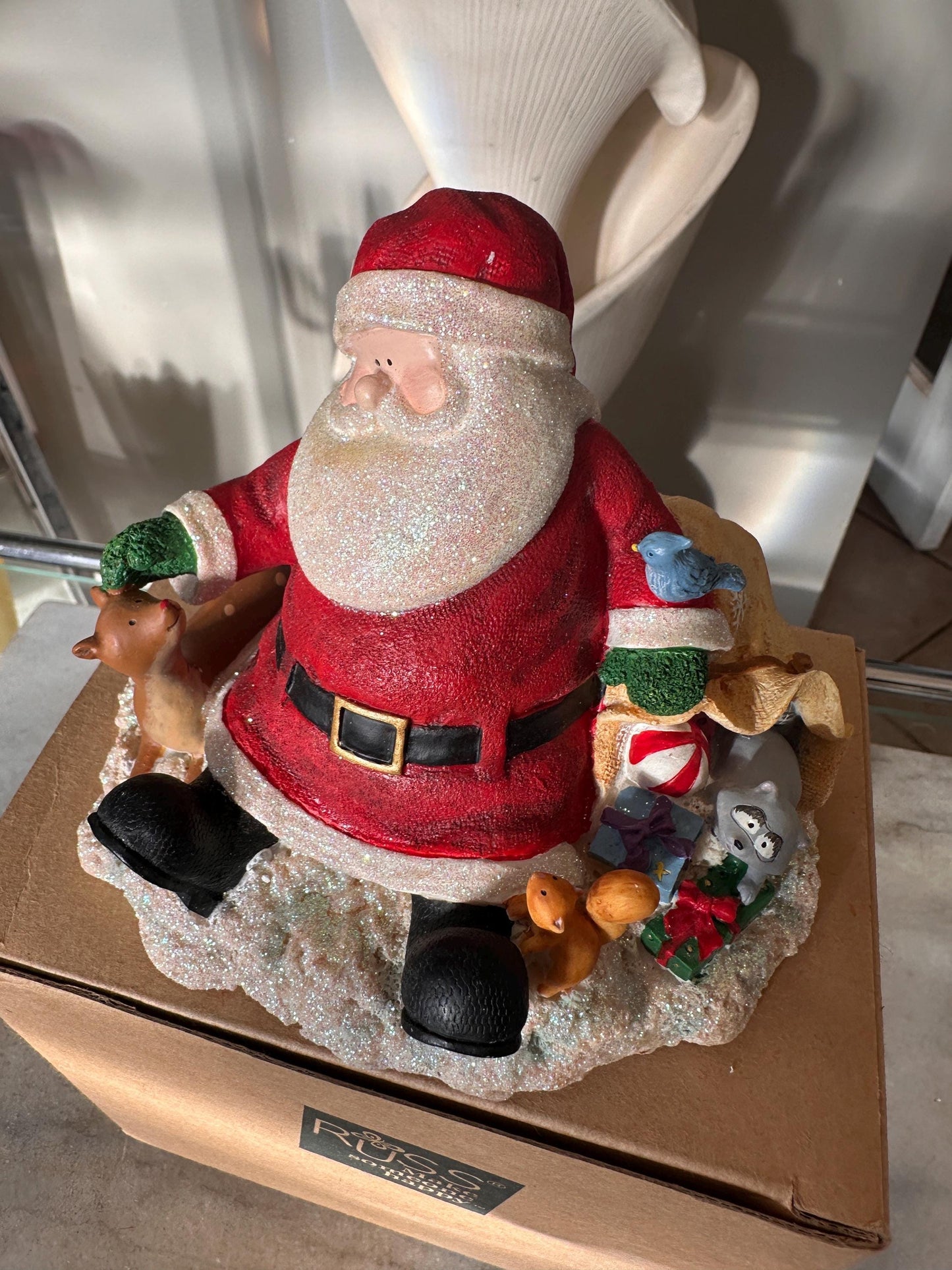Vintage Russ Berrie Santa’s Village “Comfy Cozy Are We” Figurine with Original Box | Santa + Reindeer Christmas Resin Collectible | Holiday