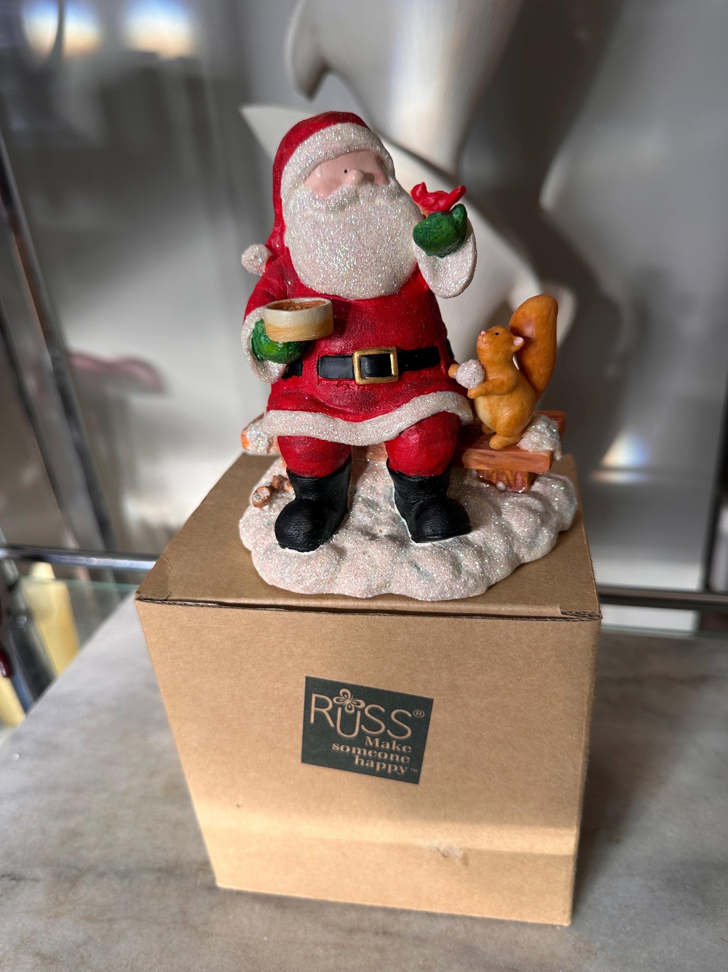 Vintage Russ Berrie Santa’s Village “Taking the Chill Off Figurine w Original Box,  Santa +  Squirrel,  Resin Collectible | Holiday