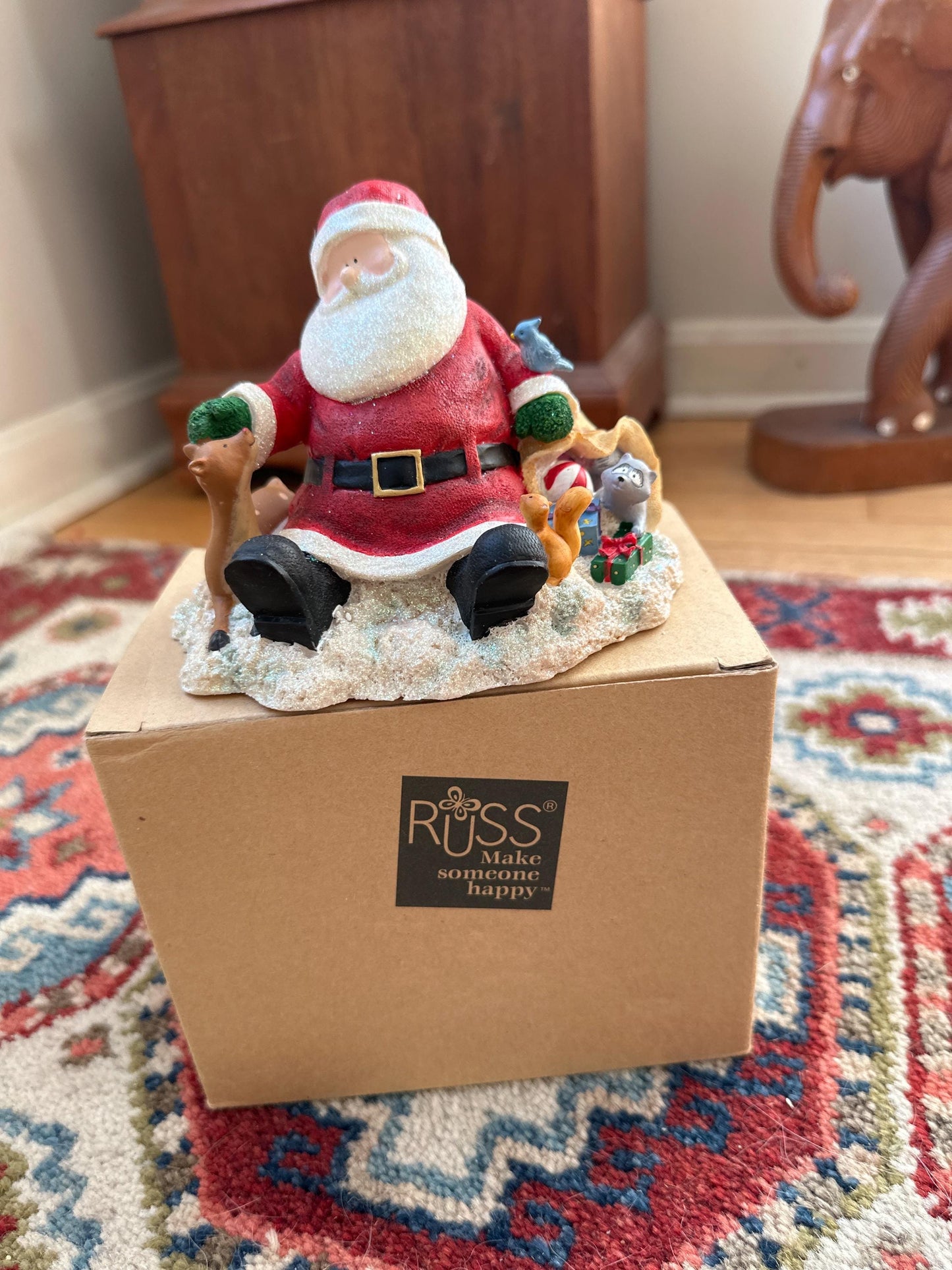 Vintage Russ Berrie Santa’s Village “Comfy Cozy Are We” Figurine with Original Box | Santa + Reindeer Christmas Resin Collectible | Holiday