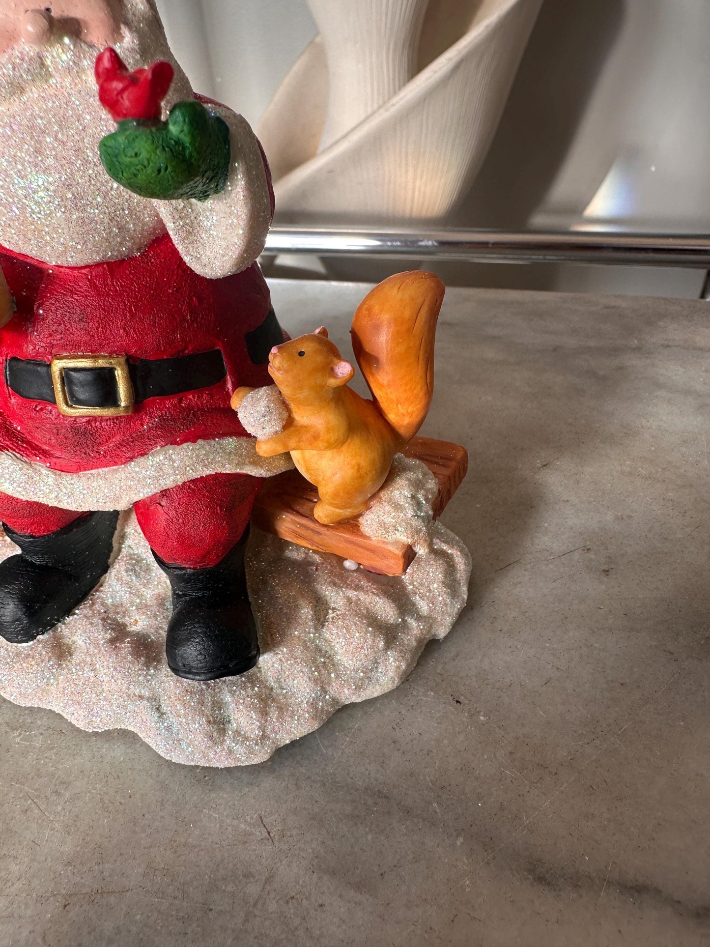 Vintage Russ Berrie Santa’s Village “Taking the Chill Off Figurine w Original Box,  Santa +  Squirrel,  Resin Collectible | Holiday