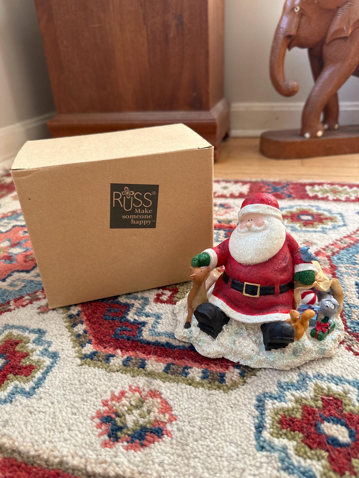 Vintage Russ Berrie Santa’s Village “Comfy Cozy Are We” Figurine with Original Box | Santa + Reindeer Christmas Resin Collectible | Holiday