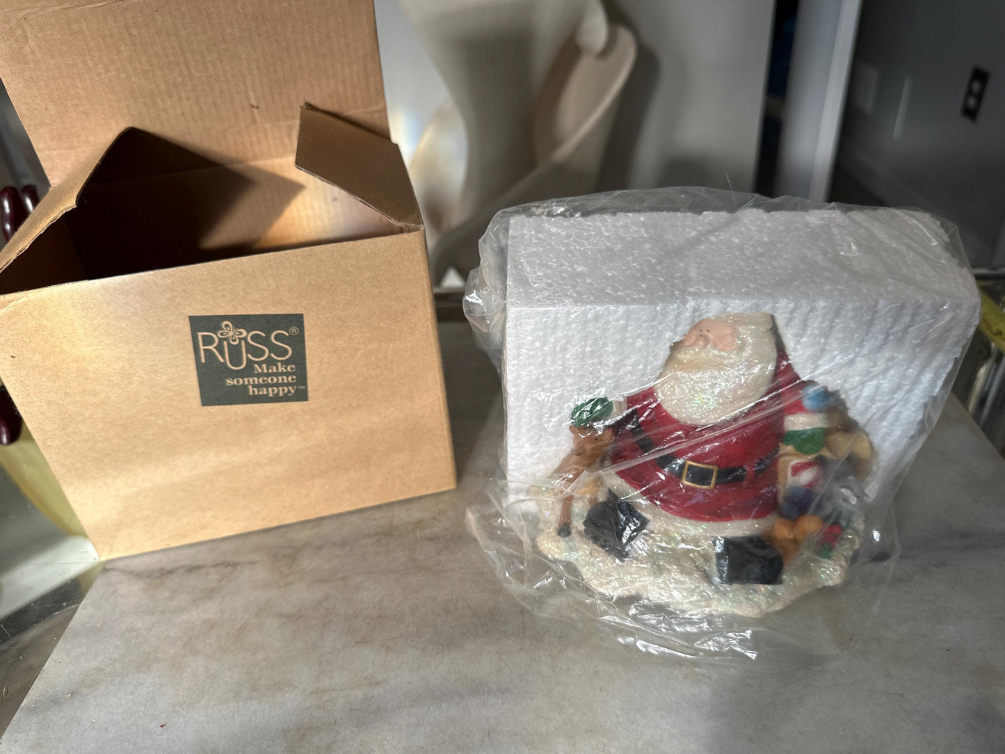 Vintage Russ Berrie Santa’s Village “Comfy Cozy Are We” Figurine with Original Box | Santa + Reindeer Christmas Resin Collectible | Holiday