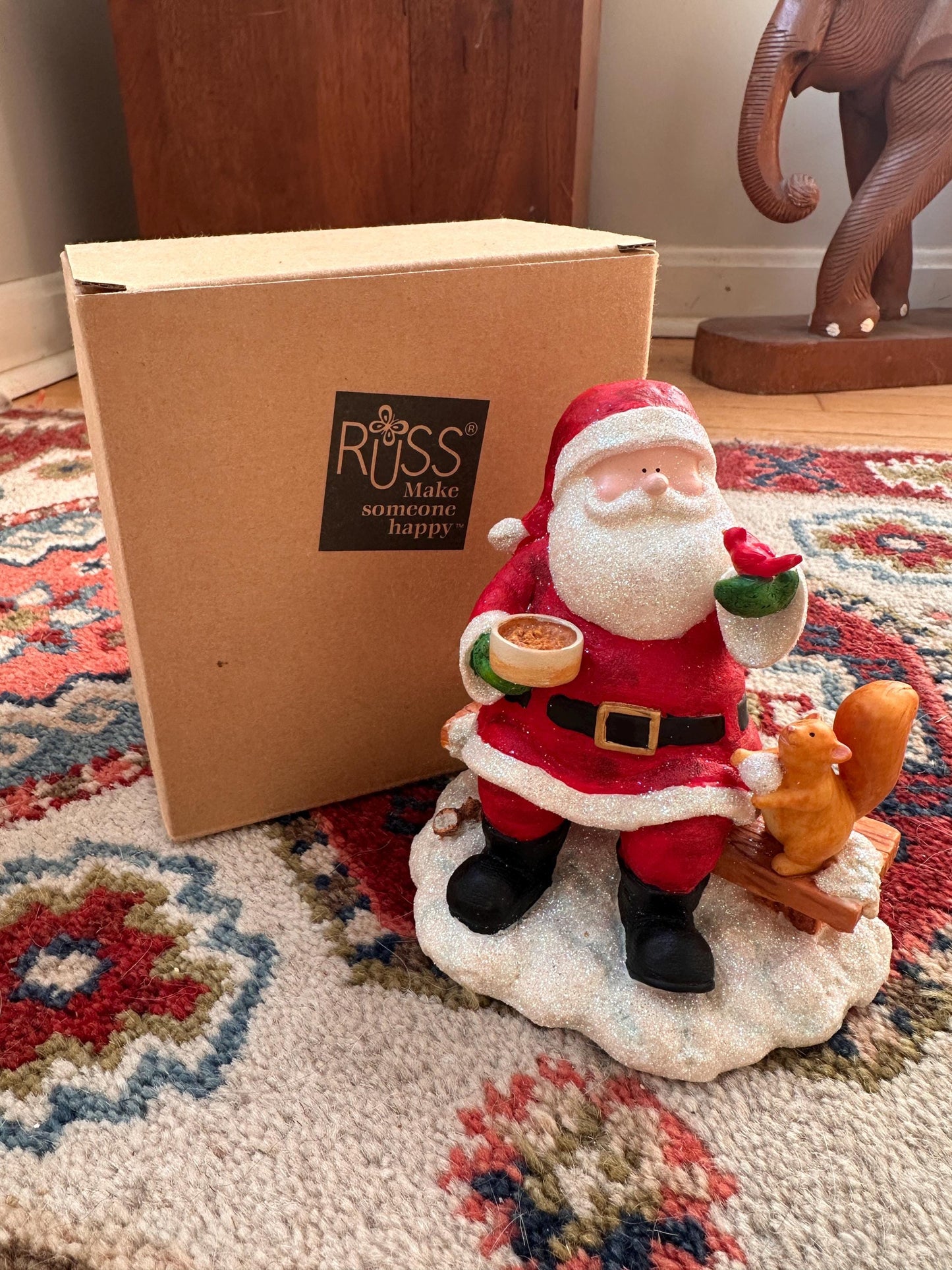 Vintage Russ Berrie Santa’s Village “Taking the Chill Off Figurine w Original Box,  Santa +  Squirrel,  Resin Collectible | Holiday