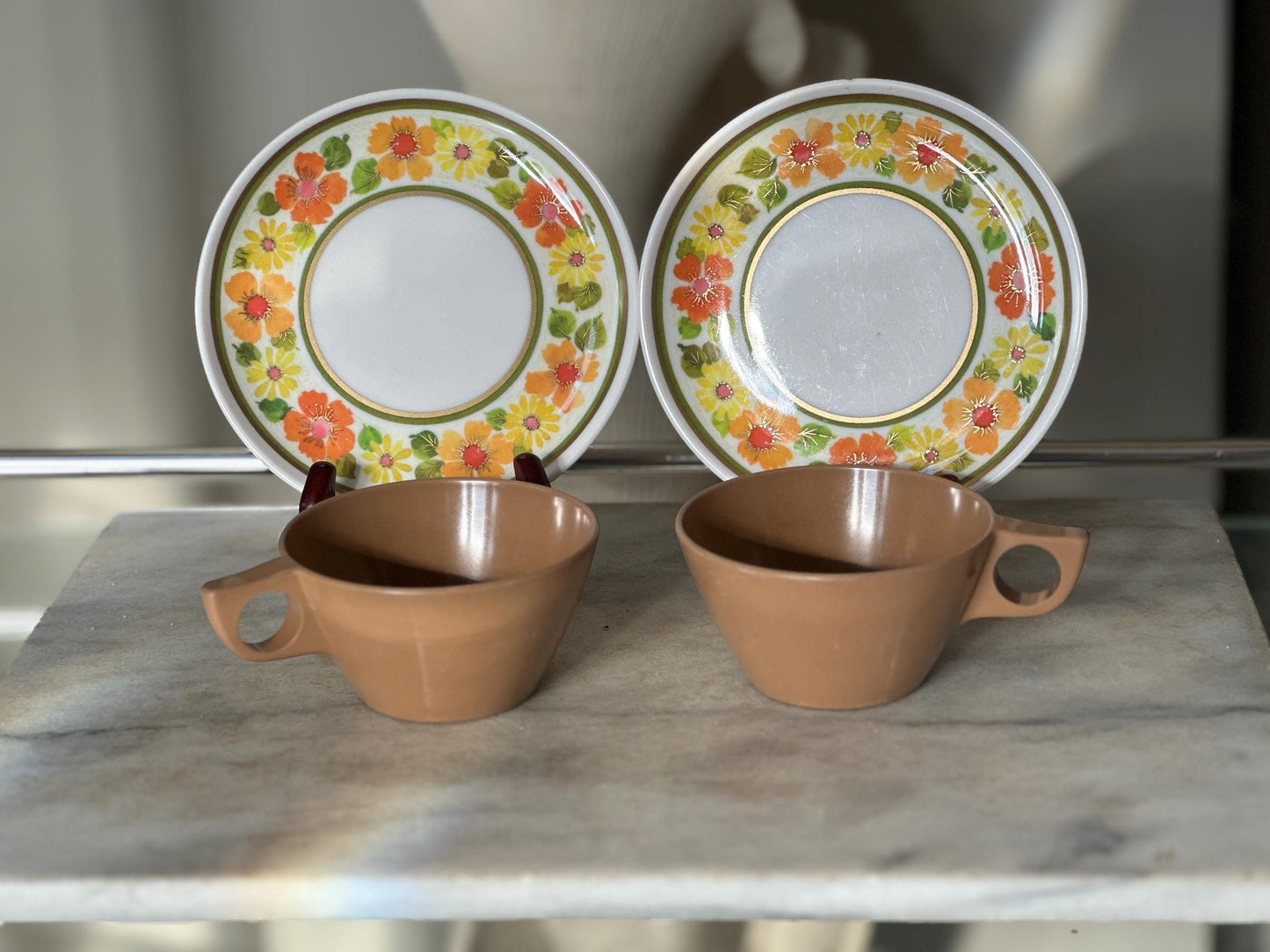 Vintage Sheffield Imperial Melamine Golden Garden Pattern,  Cup and Saucers,  Set of 2, Mid-Century Modern 1960s, Groovy Retro Kitchen