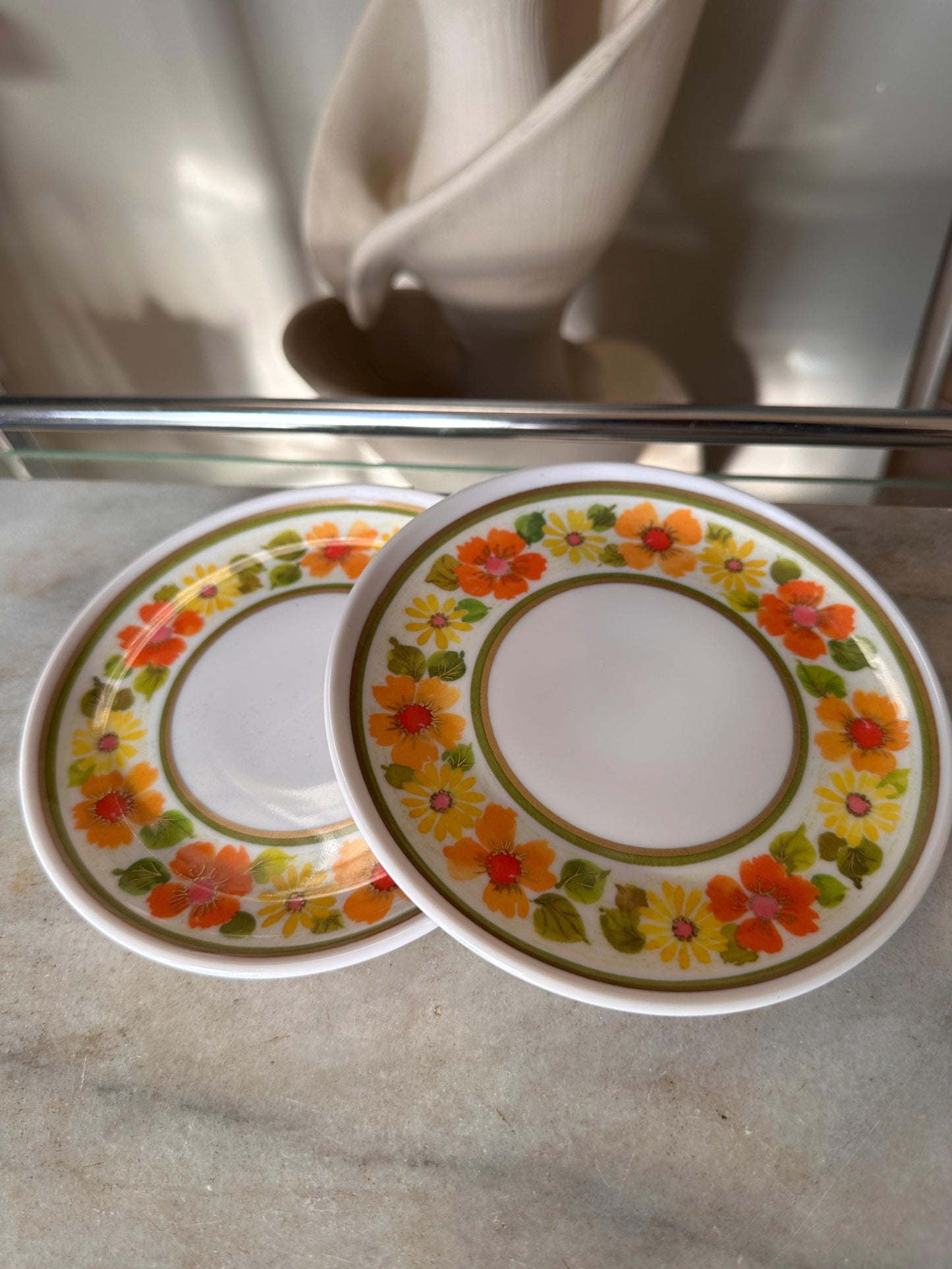 Vintage Sheffield Imperial Melamine Golden Garden Pattern,  Cup and Saucers,  Set of 2, Mid-Century Modern 1960s, Groovy Retro Kitchen