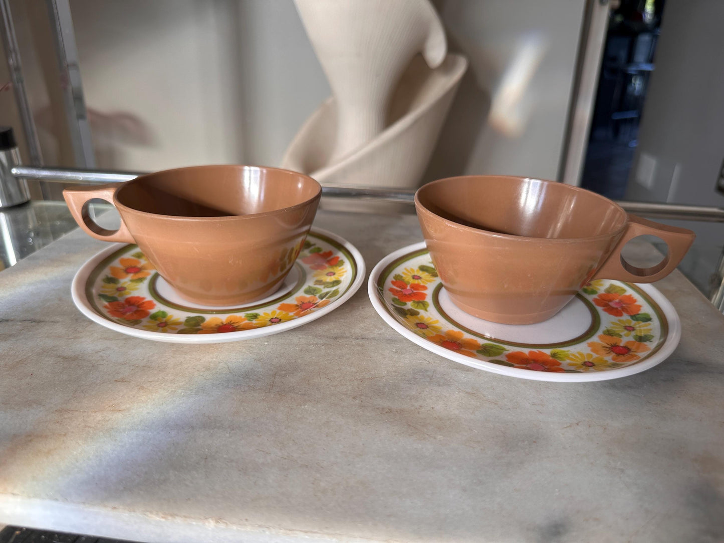 Vintage Sheffield Imperial Melamine Golden Garden Pattern,  Cup and Saucers,  Set of 2, Mid-Century Modern 1960s, Groovy Retro Kitchen