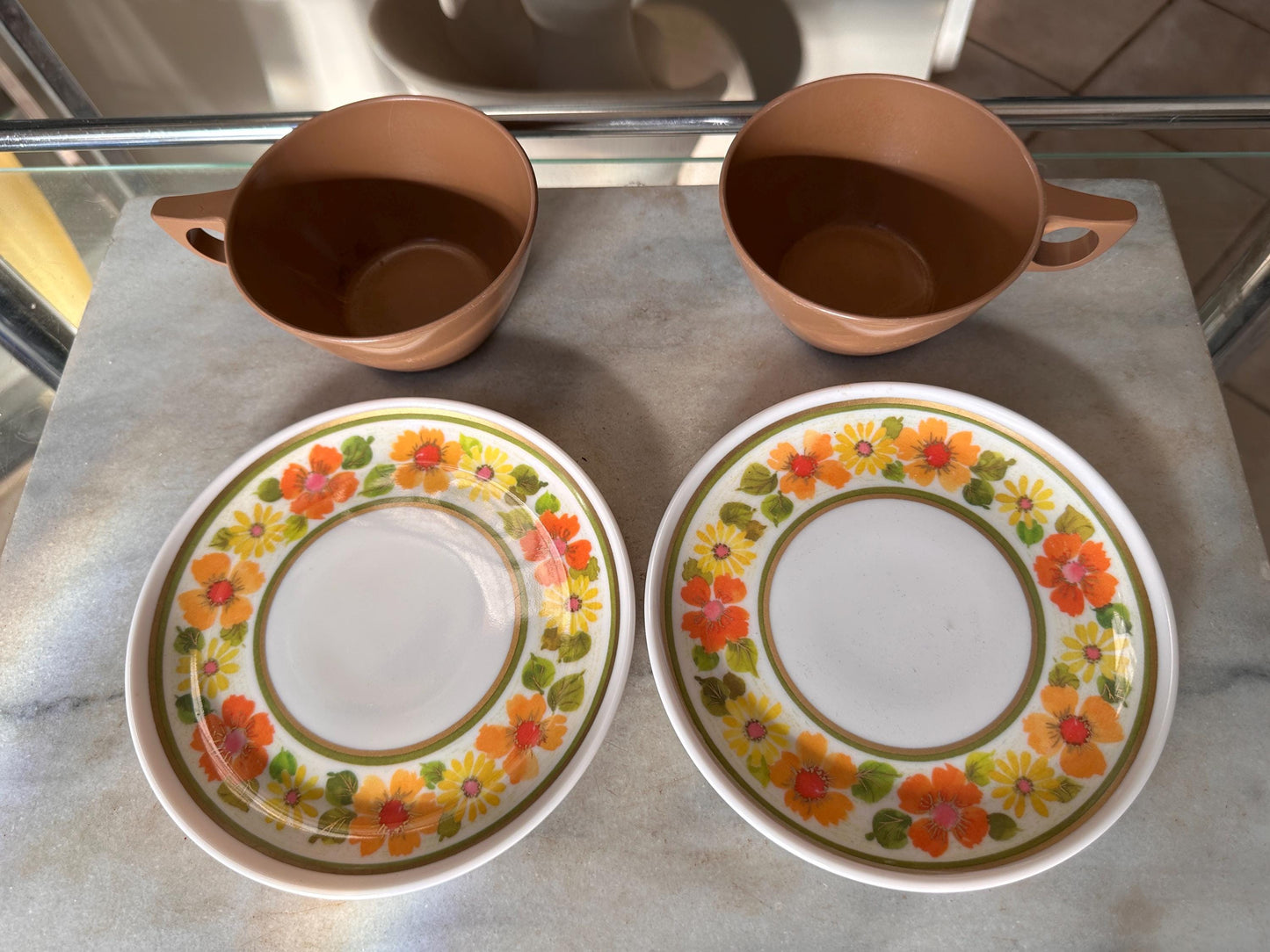 Vintage Sheffield Imperial Melamine Golden Garden Pattern,  Cup and Saucers,  Set of 2, Mid-Century Modern 1960s, Groovy Retro Kitchen
