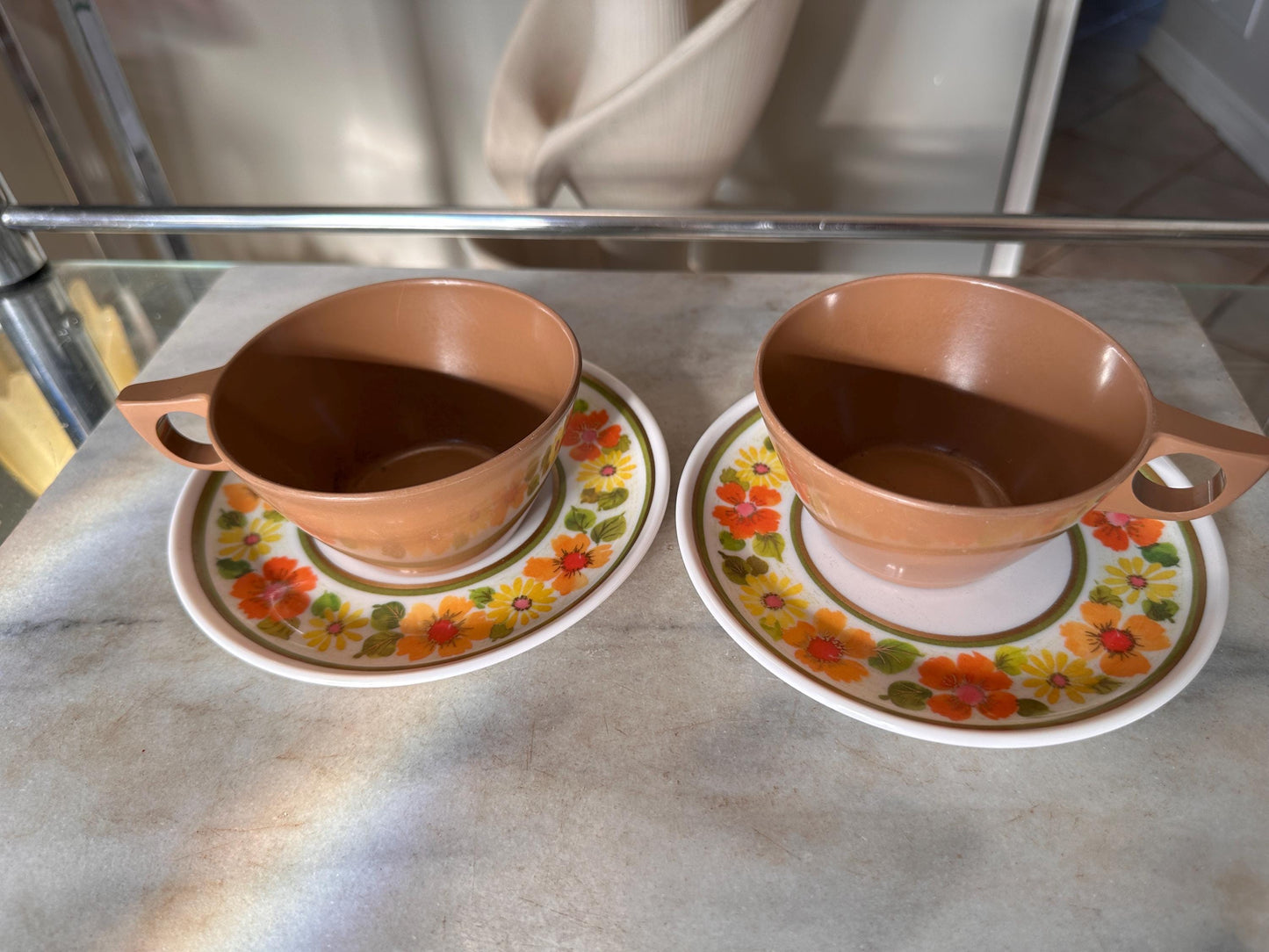 Vintage Sheffield Imperial Melamine Golden Garden Pattern,  Cup and Saucers,  Set of 2, Mid-Century Modern 1960s, Groovy Retro Kitchen