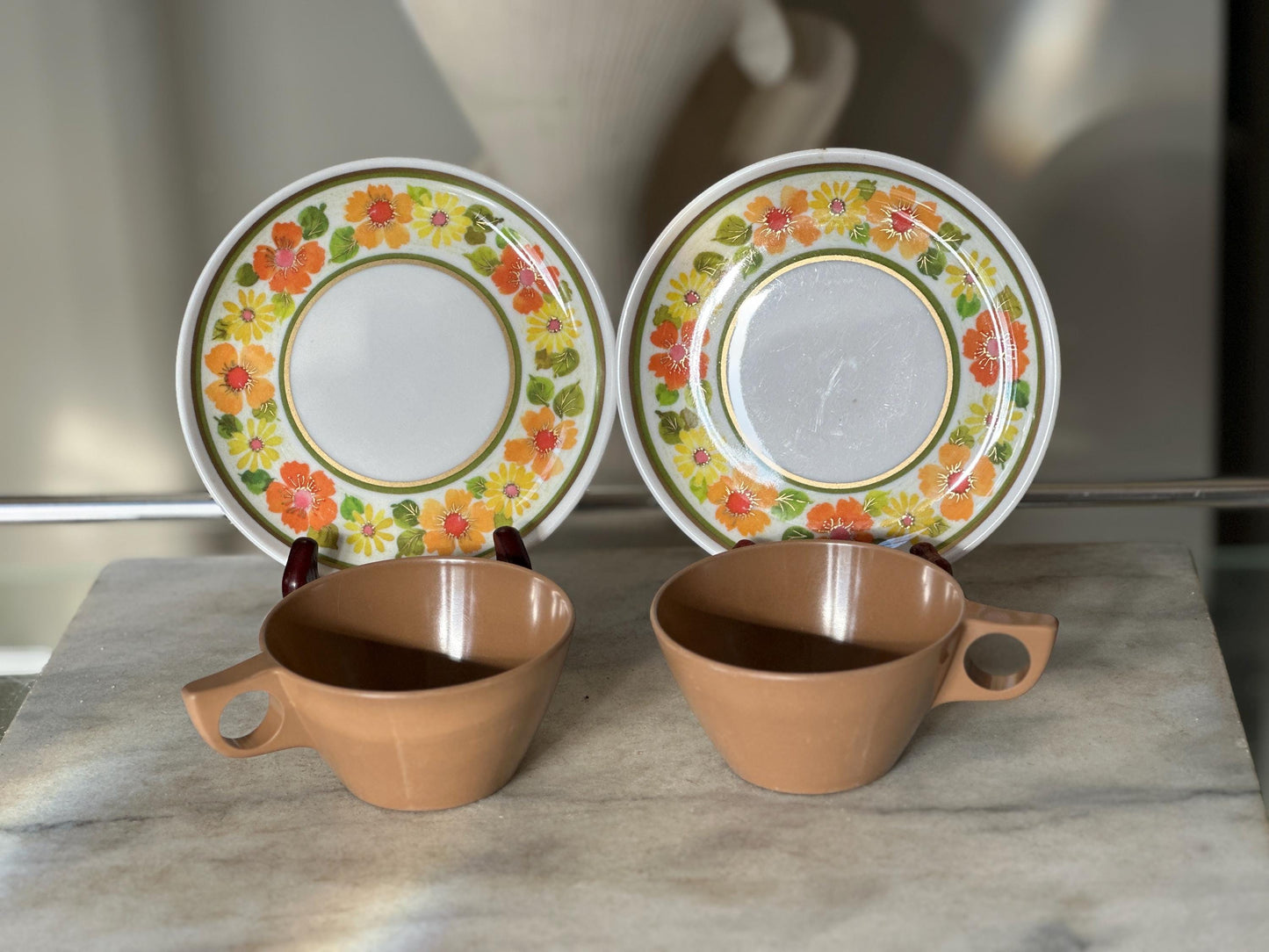 Vintage Sheffield Imperial Melamine Golden Garden Pattern,  Cup and Saucers,  Set of 2, Mid-Century Modern 1960s, Groovy Retro Kitchen