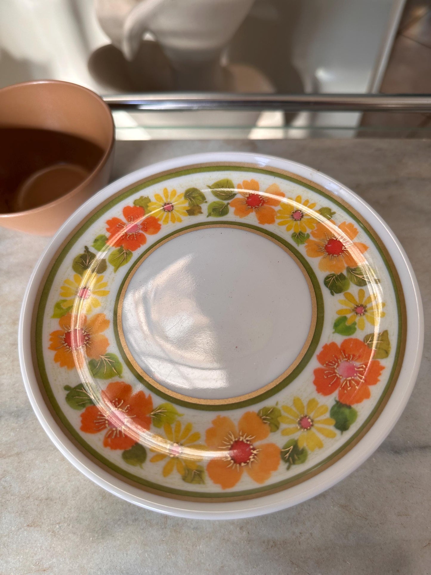 Vintage Sheffield Imperial Melamine Golden Garden Pattern,  Cup and Saucers,  Set of 2, Mid-Century Modern 1960s, Groovy Retro Kitchen