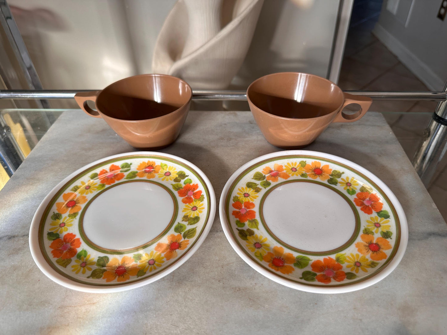 Vintage Sheffield Imperial Melamine Golden Garden Pattern,  Cup and Saucers,  Set of 2, Mid-Century Modern 1960s, Groovy Retro Kitchen