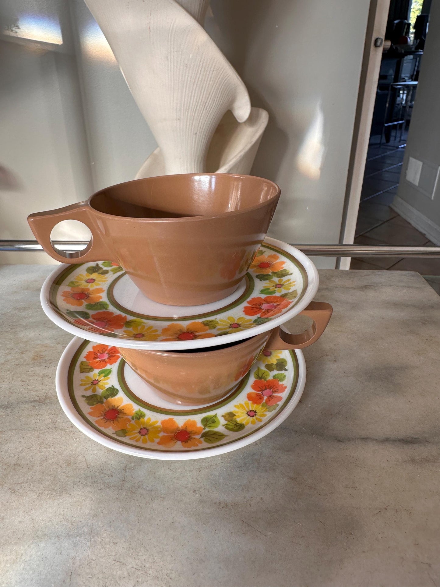 Vintage Sheffield Imperial Melamine Golden Garden Pattern,  Cup and Saucers,  Set of 2, Mid-Century Modern 1960s, Groovy Retro Kitchen