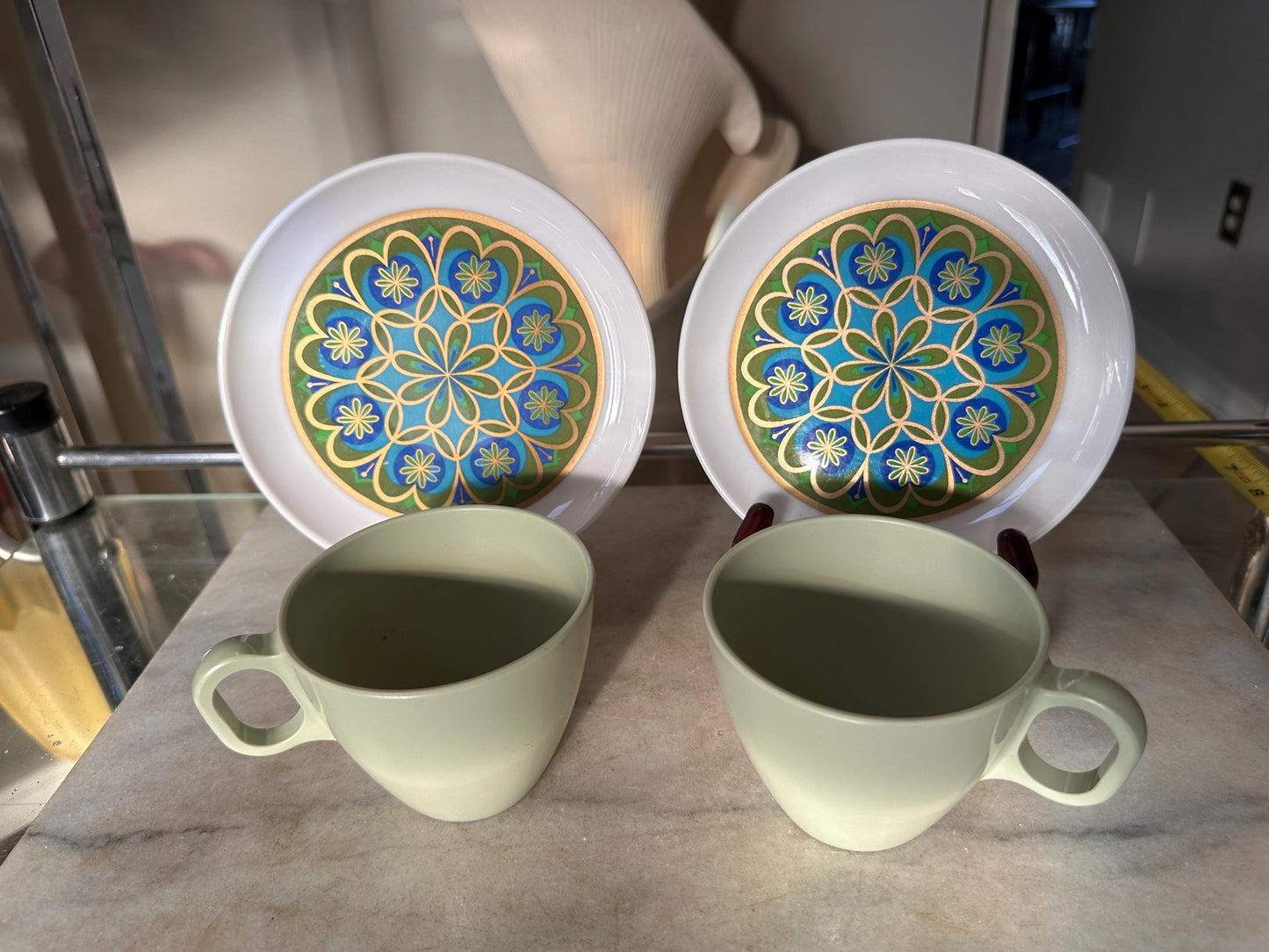 Vintage Sheffield Imperial Melamine Midnight Sun Plates & Boonton Coffee Cups Set | Mid-Century Modern 1960s Dinnerware | Groovy Retro Kitch