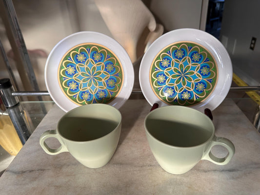 Vintage Sheffield Imperial Melamine Midnight Sun Plates & Boonton Coffee Cups Set | Mid-Century Modern 1960s Dinnerware | Groovy Retro Kitch