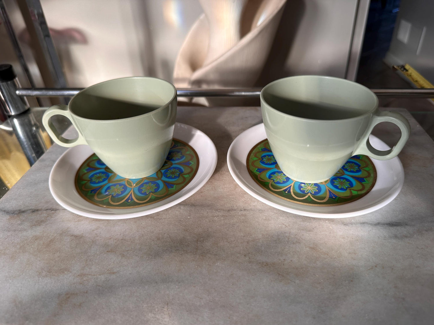 Vintage Sheffield Imperial Melamine Midnight Sun Plates & Boonton Coffee Cups Set | Mid-Century Modern 1960s Dinnerware | Groovy Retro Kitch