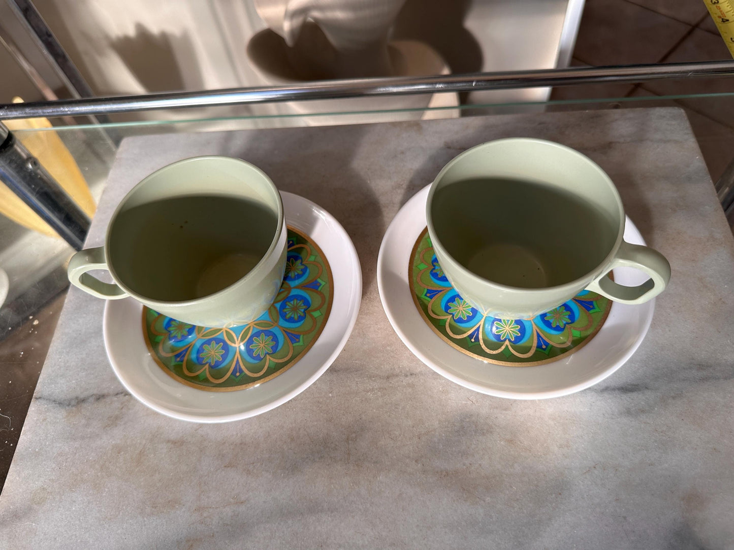 Vintage Sheffield Imperial Melamine Midnight Sun Plates & Boonton Coffee Cups Set | Mid-Century Modern 1960s Dinnerware | Groovy Retro Kitch