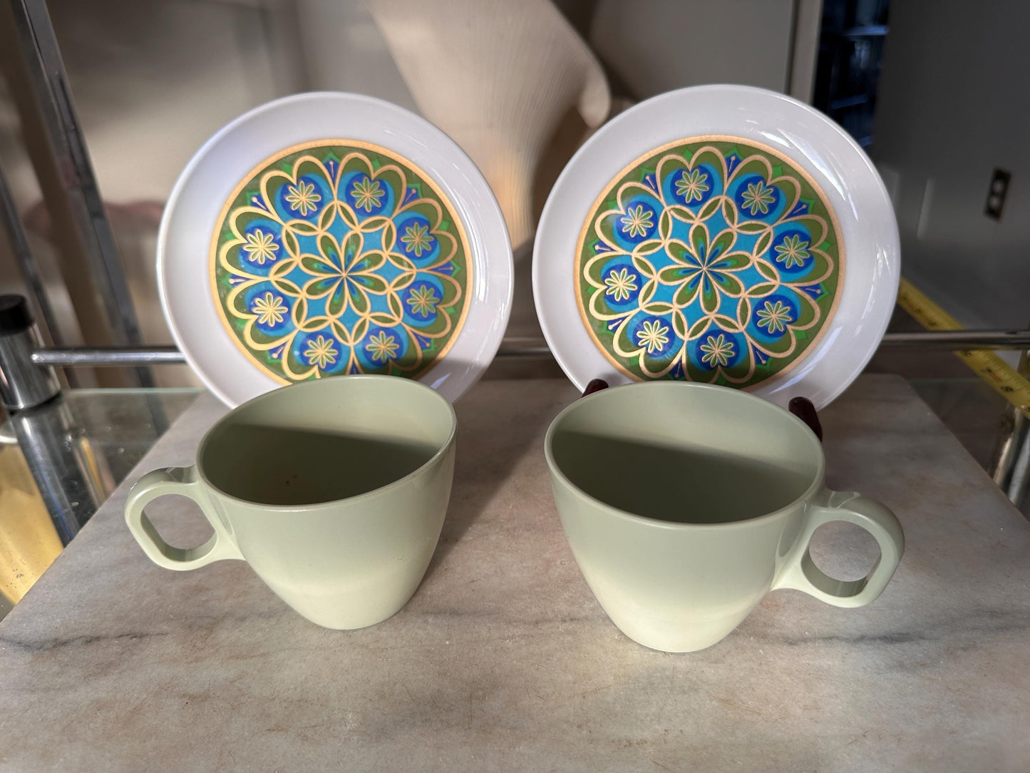 Vintage Sheffield Imperial Melamine Midnight Sun Plates & Boonton Coffee Cups Set | Mid-Century Modern 1960s Dinnerware | Groovy Retro Kitch