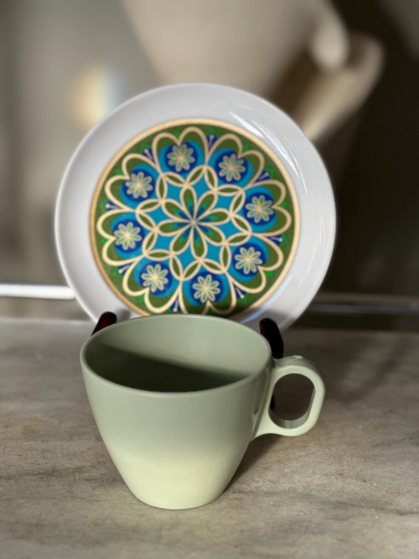 Vintage Sheffield Imperial Melamine Midnight Sun Plates & Boonton Coffee Cups Set | Mid-Century Modern 1960s Dinnerware | Groovy Retro Kitch
