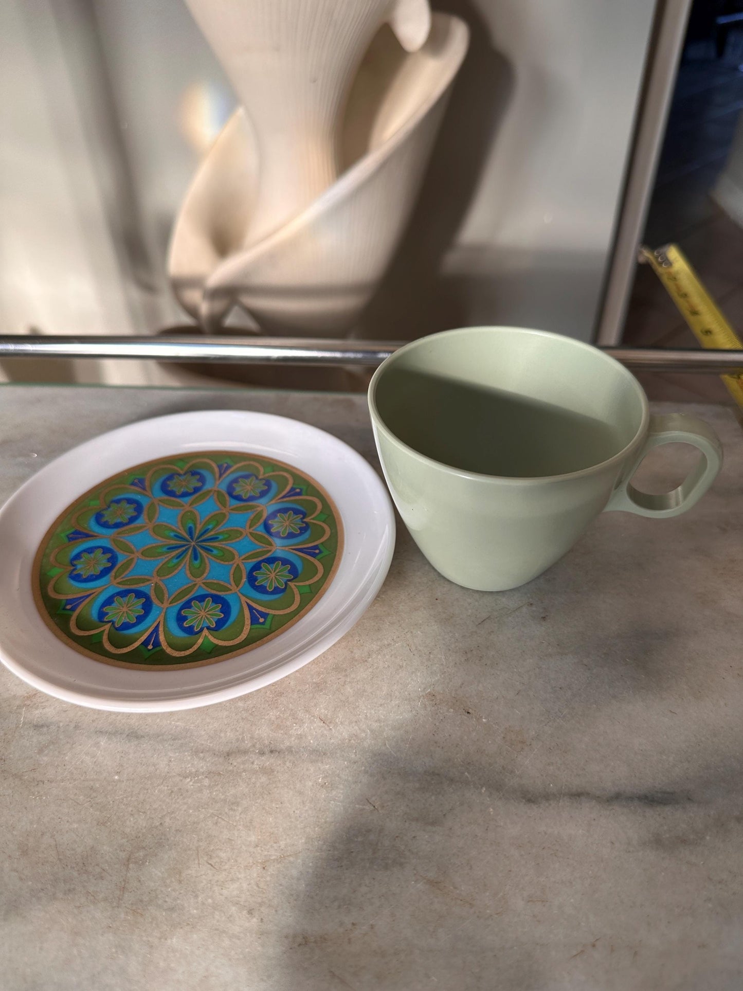 Vintage Sheffield Imperial Melamine Midnight Sun Plates & Boonton Coffee Cups Set | Mid-Century Modern 1960s Dinnerware | Groovy Retro Kitch
