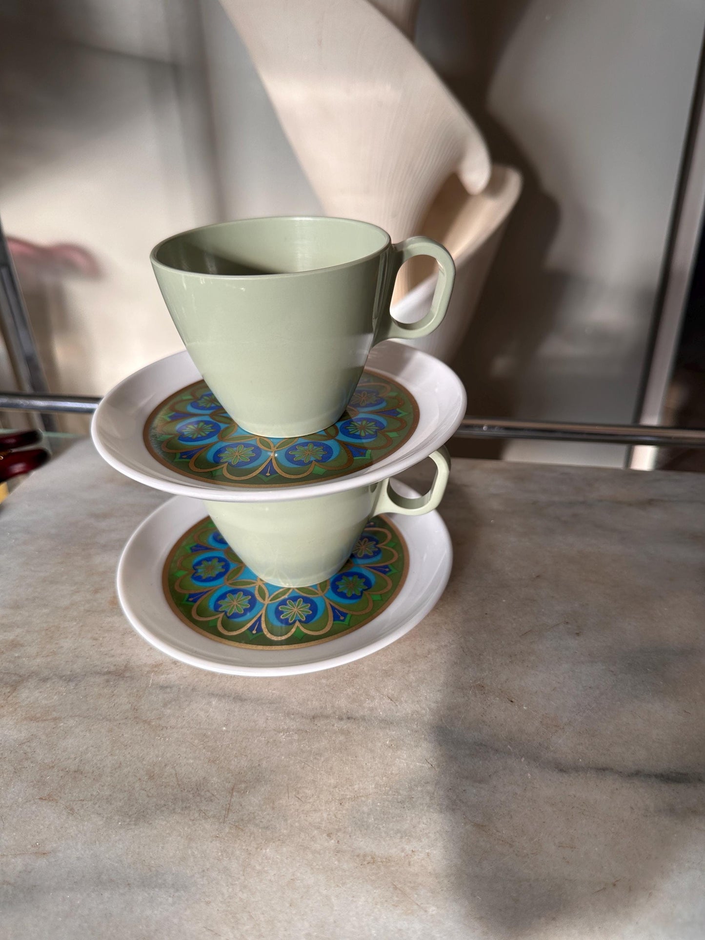 Vintage Sheffield Imperial Melamine Midnight Sun Plates & Boonton Coffee Cups Set | Mid-Century Modern 1960s Dinnerware | Groovy Retro Kitch