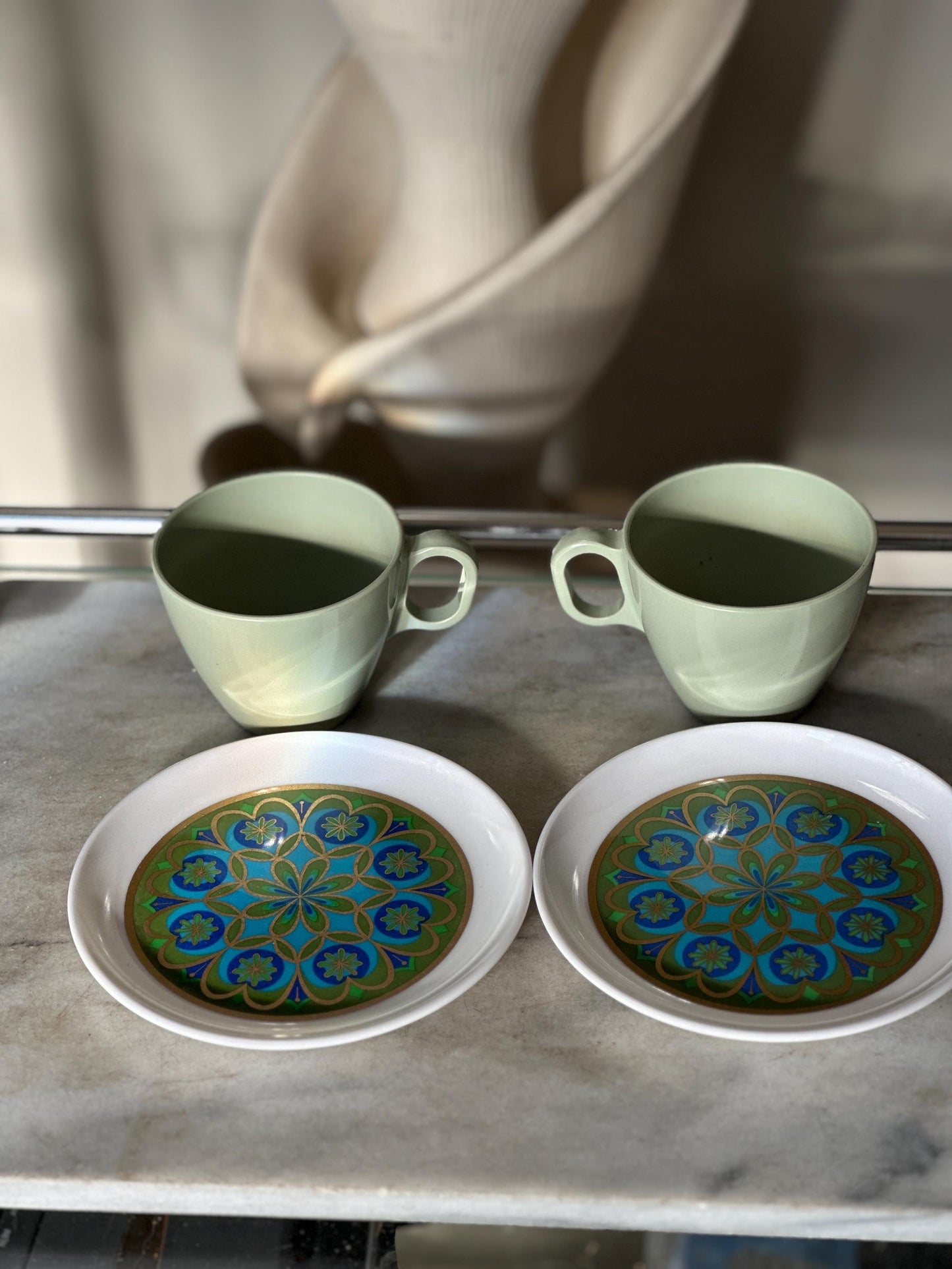 Vintage Sheffield Imperial Melamine Midnight Sun Plates & Boonton Coffee Cups Set | Mid-Century Modern 1960s Dinnerware | Groovy Retro Kitch