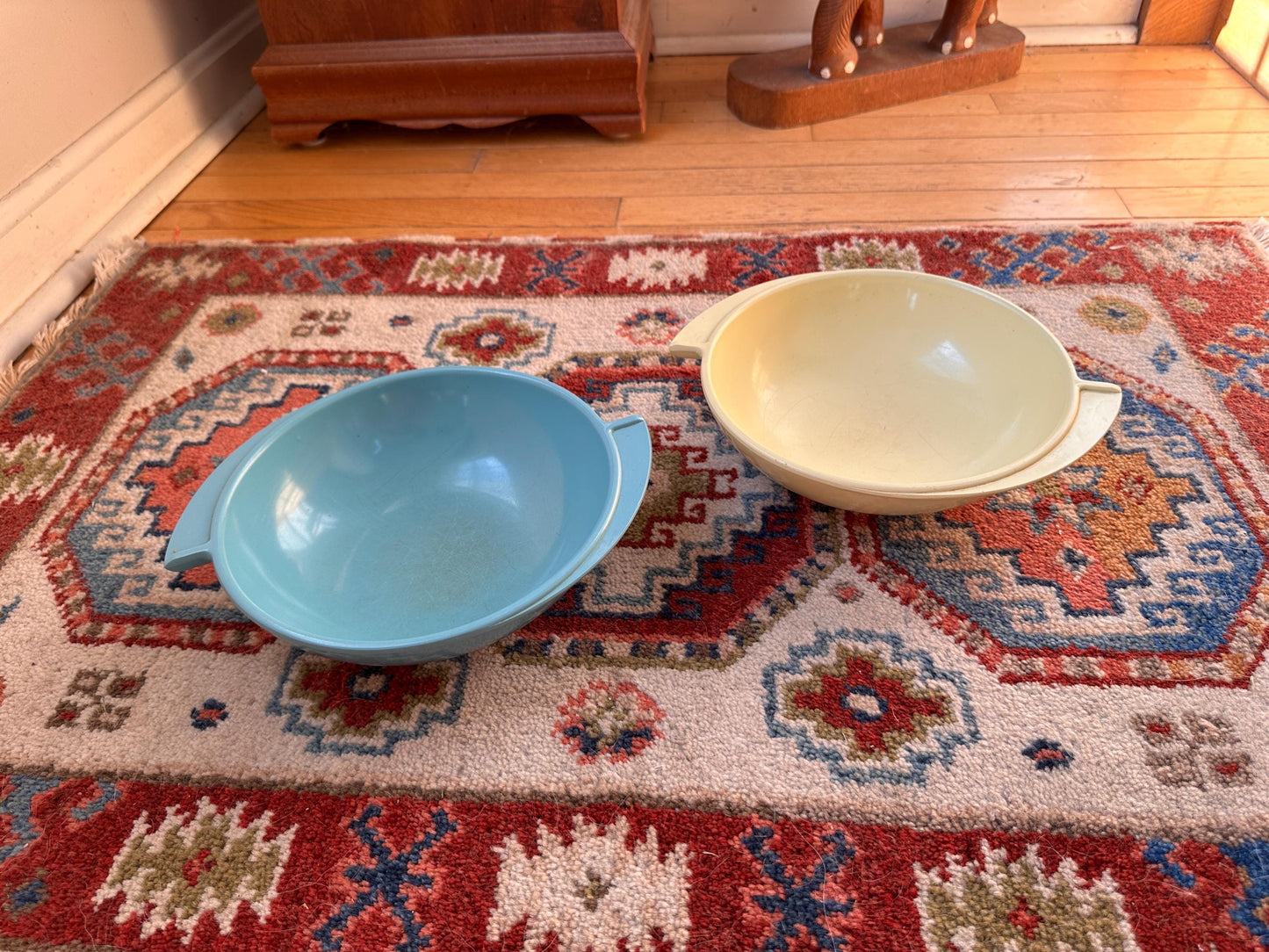 Vintage Boontonware Melmac Serving Bowls Set of 2 | No. 604 Winged Bowls | Turquoise Blue & Yellow | Mid-Century Modern Melamine | USA Made