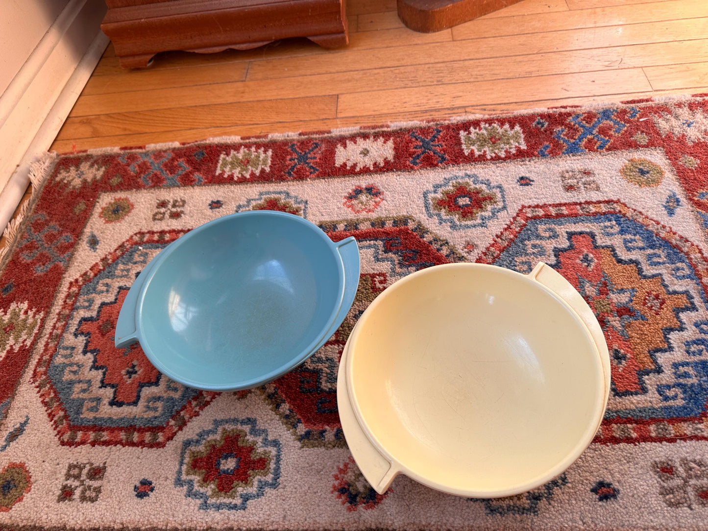 Vintage Boontonware Melmac Serving Bowls Set of 2 | No. 604 Winged Bowls | Turquoise Blue & Yellow | Mid-Century Modern Melamine | USA Made