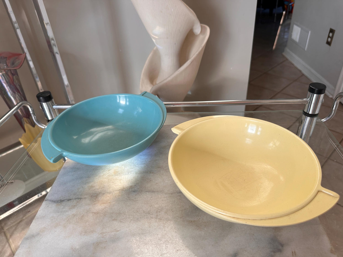 Vintage Boontonware Melmac Serving Bowls Set of 2 | No. 604 Winged Bowls | Turquoise Blue & Yellow | Mid-Century Modern Melamine | USA Made