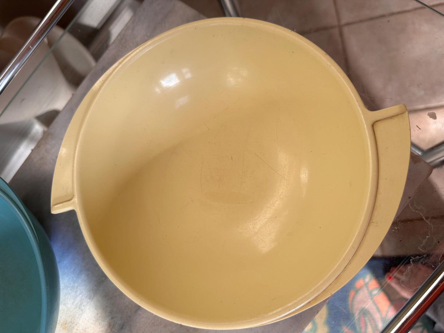Vintage Boontonware Melmac Serving Bowls Set of 2 | No. 604 Winged Bowls | Turquoise Blue & Yellow | Mid-Century Modern Melamine | USA Made