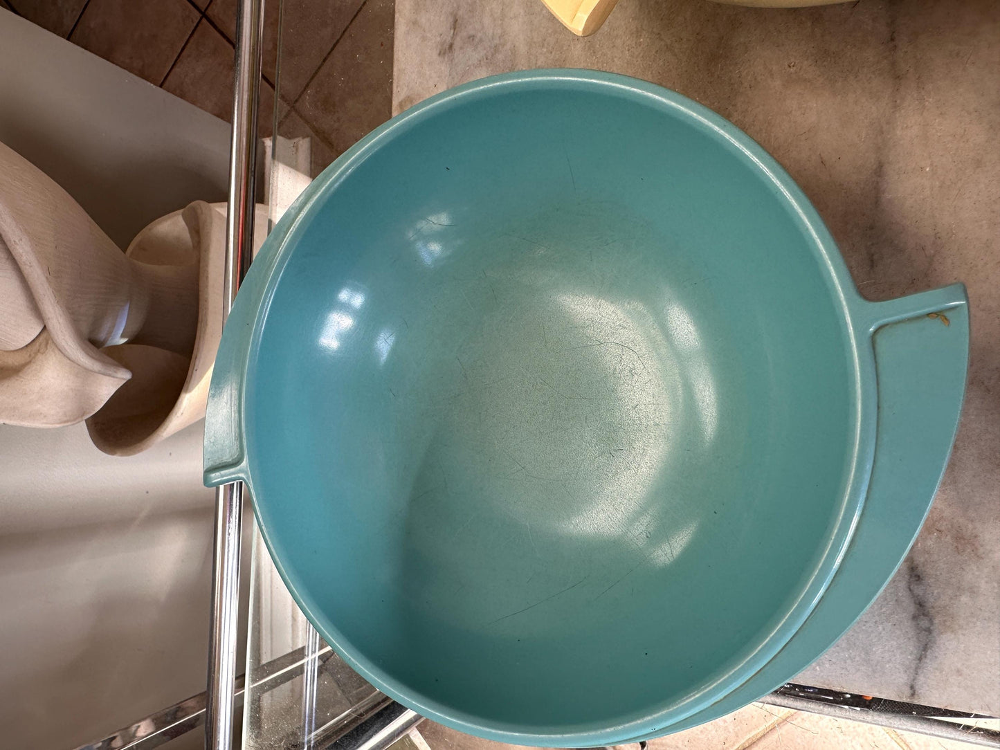 Vintage Boontonware Melmac Serving Bowls Set of 2 | No. 604 Winged Bowls | Turquoise Blue & Yellow | Mid-Century Modern Melamine | USA Made