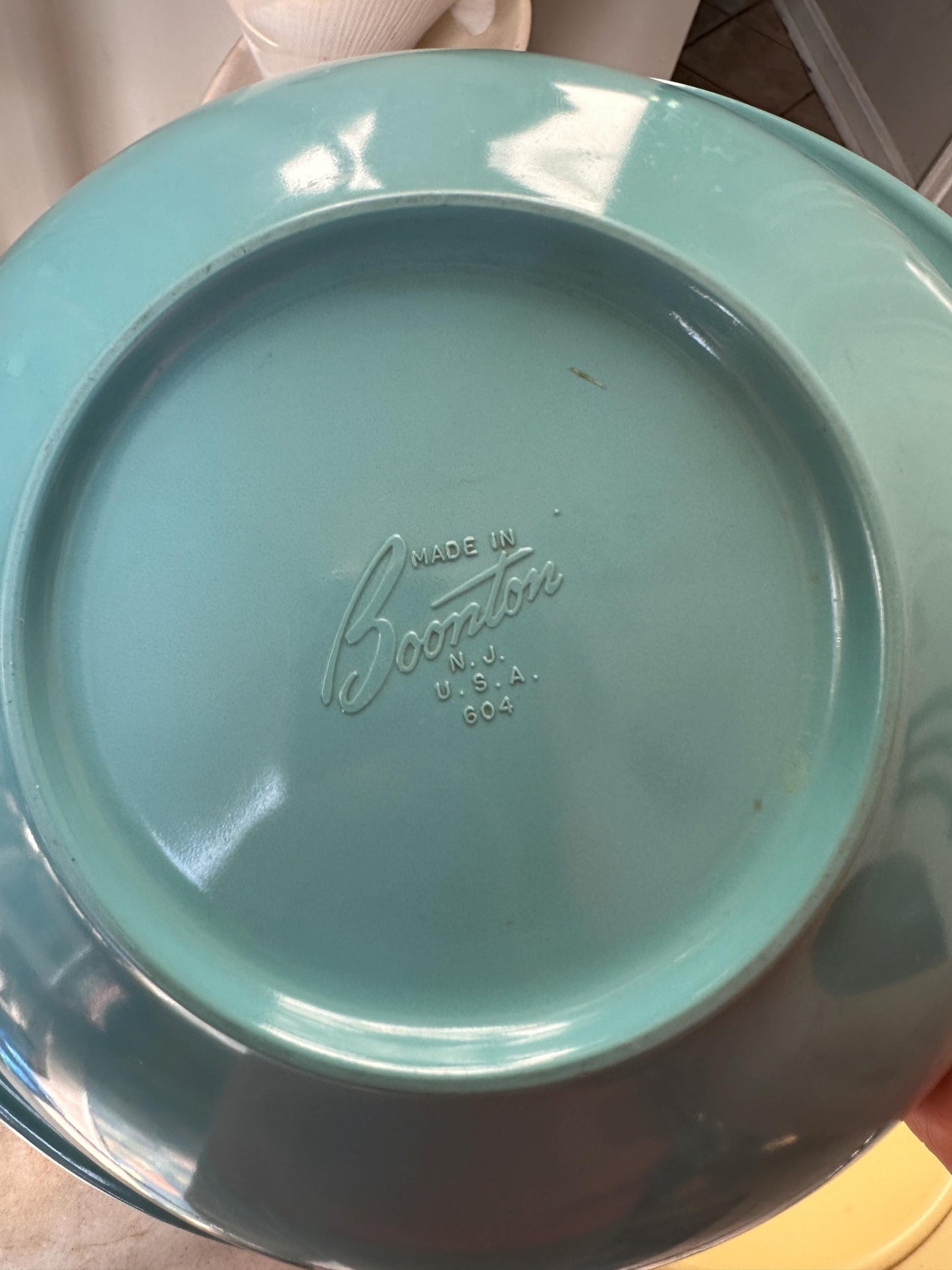 Vintage Boontonware Melmac Serving Bowls Set of 2 | No. 604 Winged Bowls | Turquoise Blue & Yellow | Mid-Century Modern Melamine | USA Made