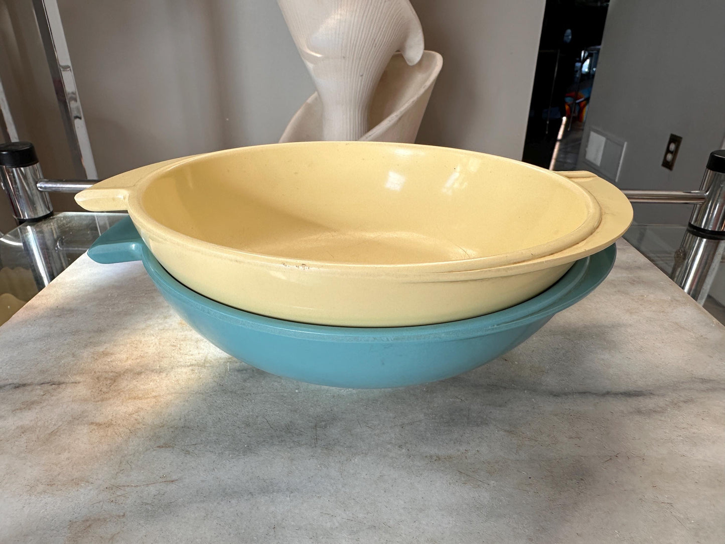 Vintage Boontonware Melmac Serving Bowls Set of 2 | No. 604 Winged Bowls | Turquoise Blue & Yellow | Mid-Century Modern Melamine | USA Made