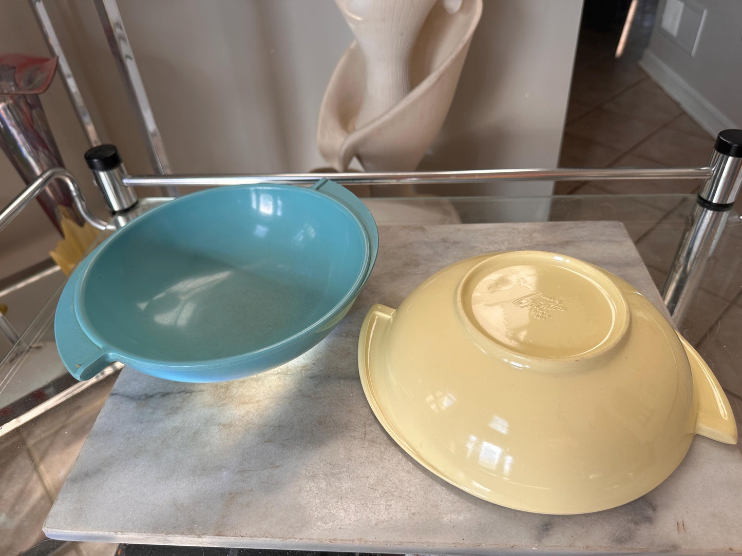 Vintage Boontonware Melmac Serving Bowls Set of 2 | No. 604 Winged Bowls | Turquoise Blue & Yellow | Mid-Century Modern Melamine | USA Made