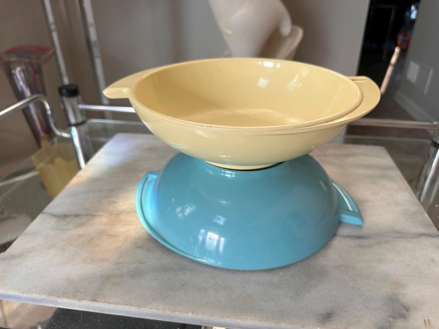 Vintage Boontonware Melmac Serving Bowls Set of 2 | No. 604 Winged Bowls | Turquoise Blue & Yellow | Mid-Century Modern Melamine | USA Made