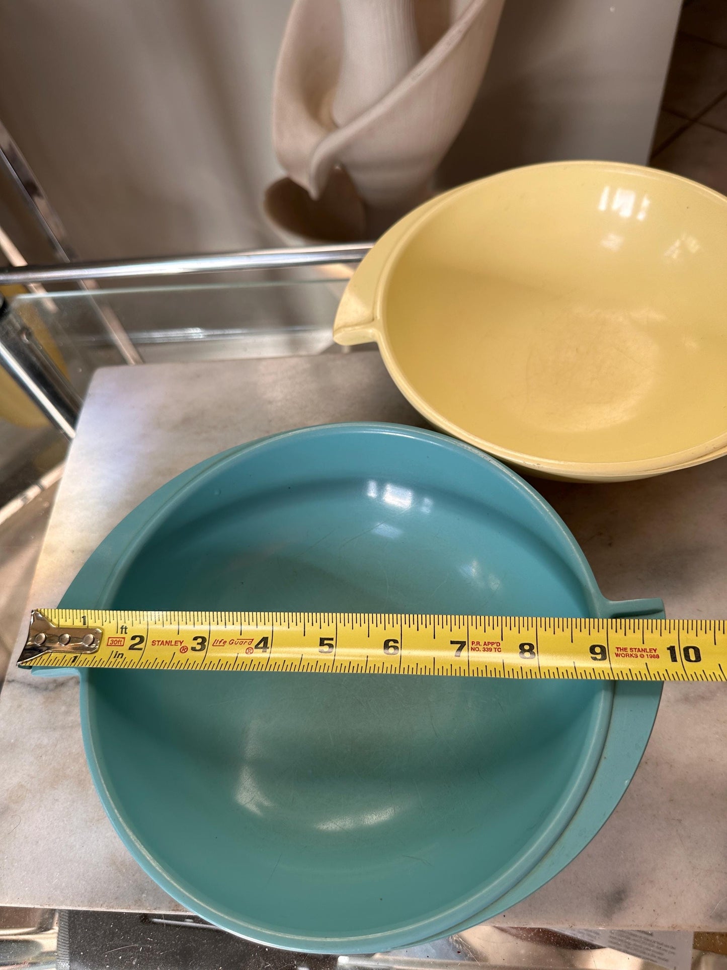 Vintage Boontonware Melmac Serving Bowls Set of 2 | No. 604 Winged Bowls | Turquoise Blue & Yellow | Mid-Century Modern Melamine | USA Made