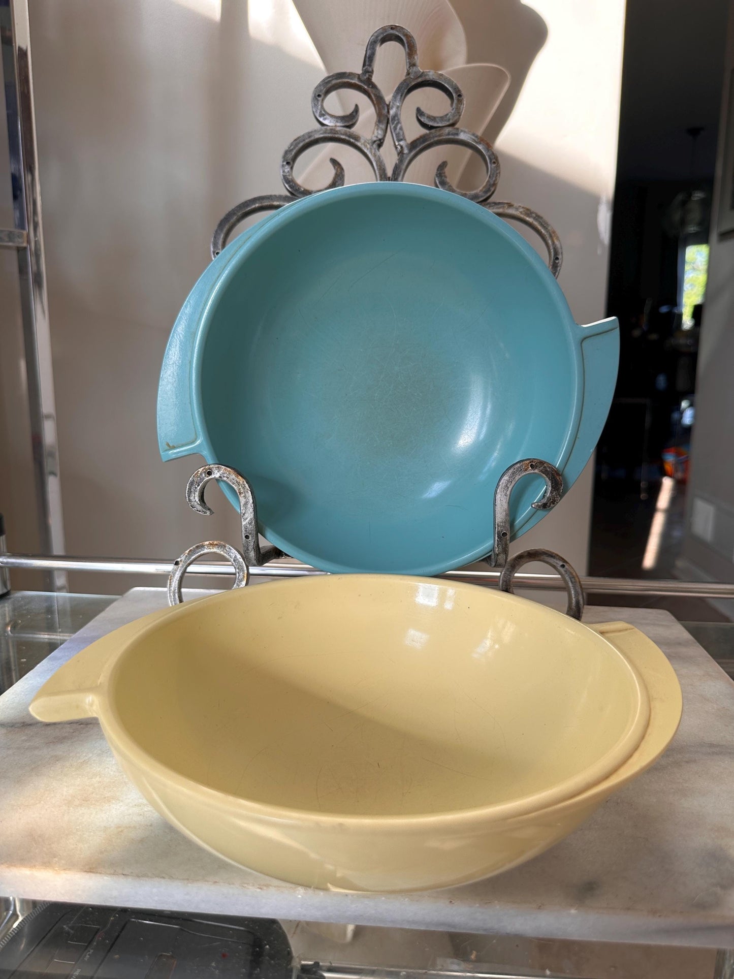 Vintage Boontonware Melmac Serving Bowls Set of 2 | No. 604 Winged Bowls | Turquoise Blue & Yellow | Mid-Century Modern Melamine | USA Made