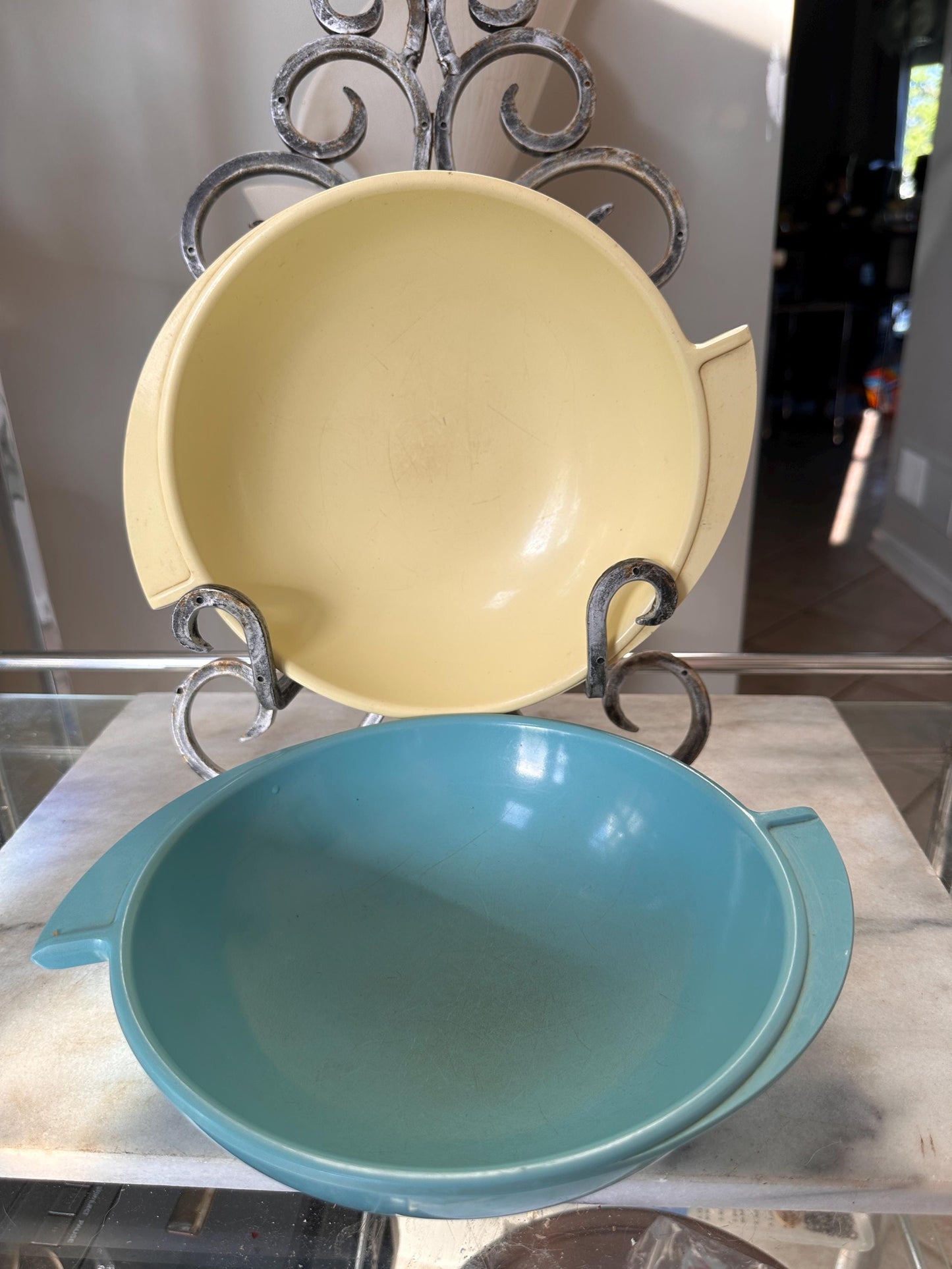 Vintage Boontonware Melmac Serving Bowls Set of 2 | No. 604 Winged Bowls | Turquoise Blue & Yellow | Mid-Century Modern Melamine | USA Made